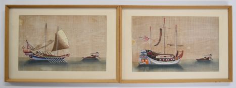 A pair of Chinese watercolours on rice paper of junks or ships, 20 x 31cm