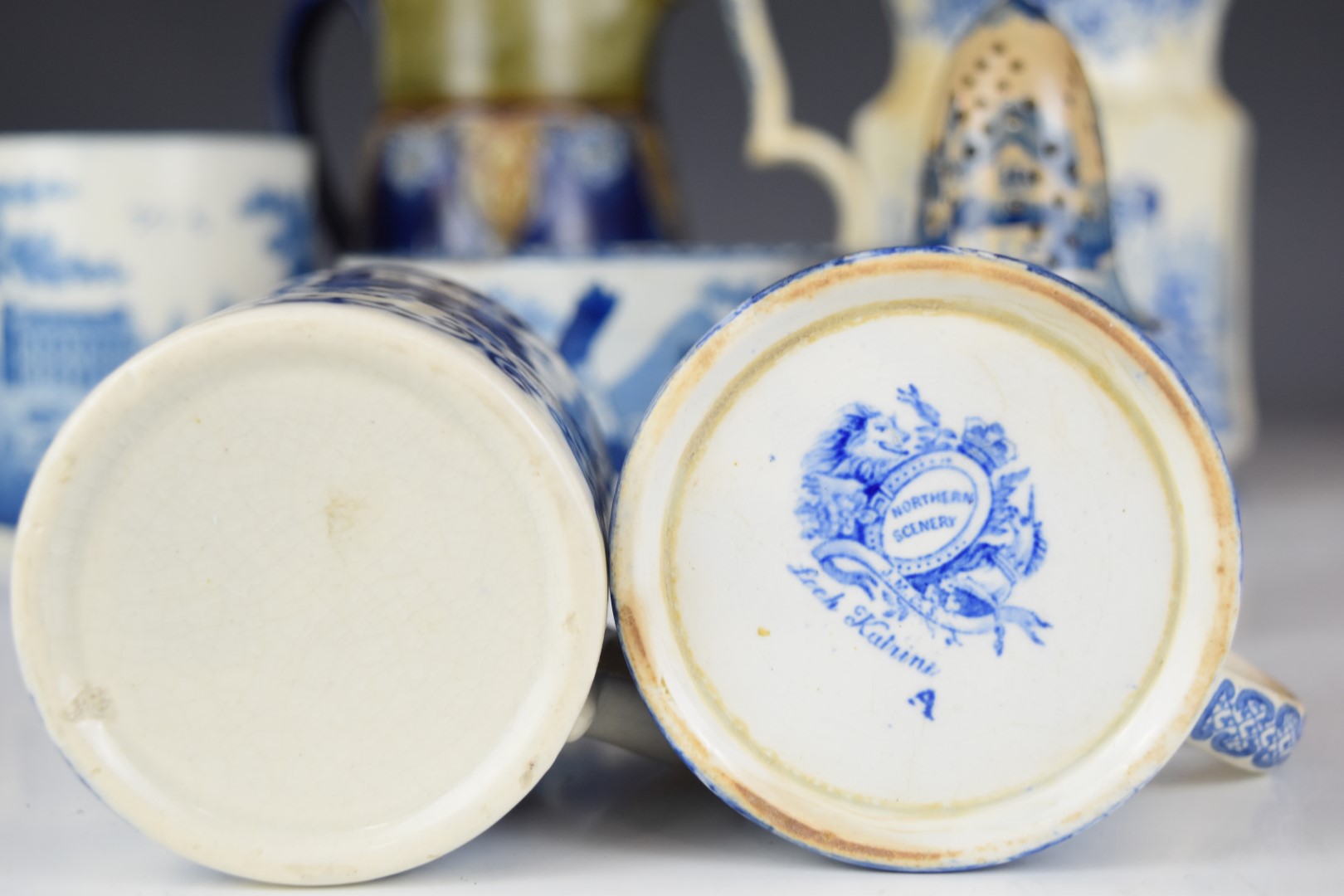 19thC blue and white transfer printed ware including a sifter, large tankard, jug with sporting - Image 3 of 8