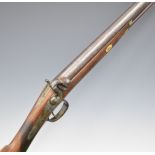 Unnamed percussion hammer action sporting gun with engraved lock and top plate, chequered grip,