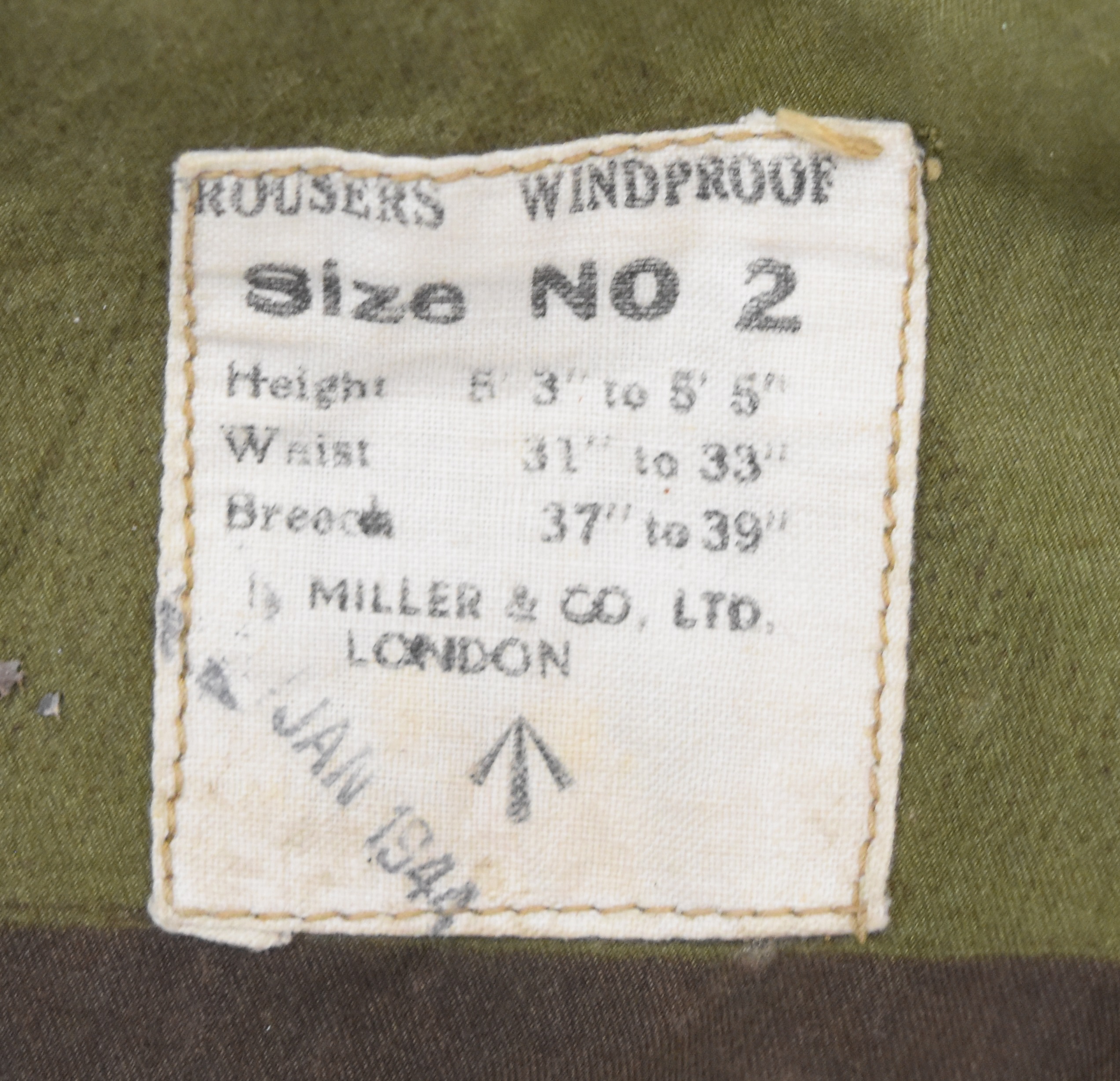 British WW2 SAS windproof camouflage trousers with single front pocket, cloth ties, external label - Image 3 of 6