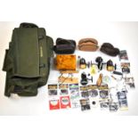 Wychwood fishing bag, fly box, accessories including two Mitchell 301 fixed spool reels and two
