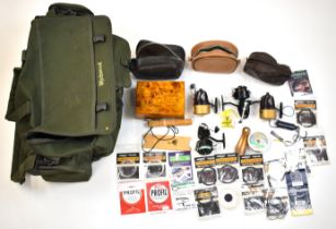 Wychwood fishing bag, fly box, accessories including two Mitchell 301 fixed spool reels and two