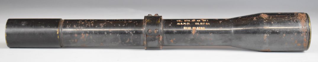 WWII No. 42 Mk I scope stamped 'Tel Stg No 42 MK.I HBMCo OS 817 GA RegD No 6695', 28cm long.