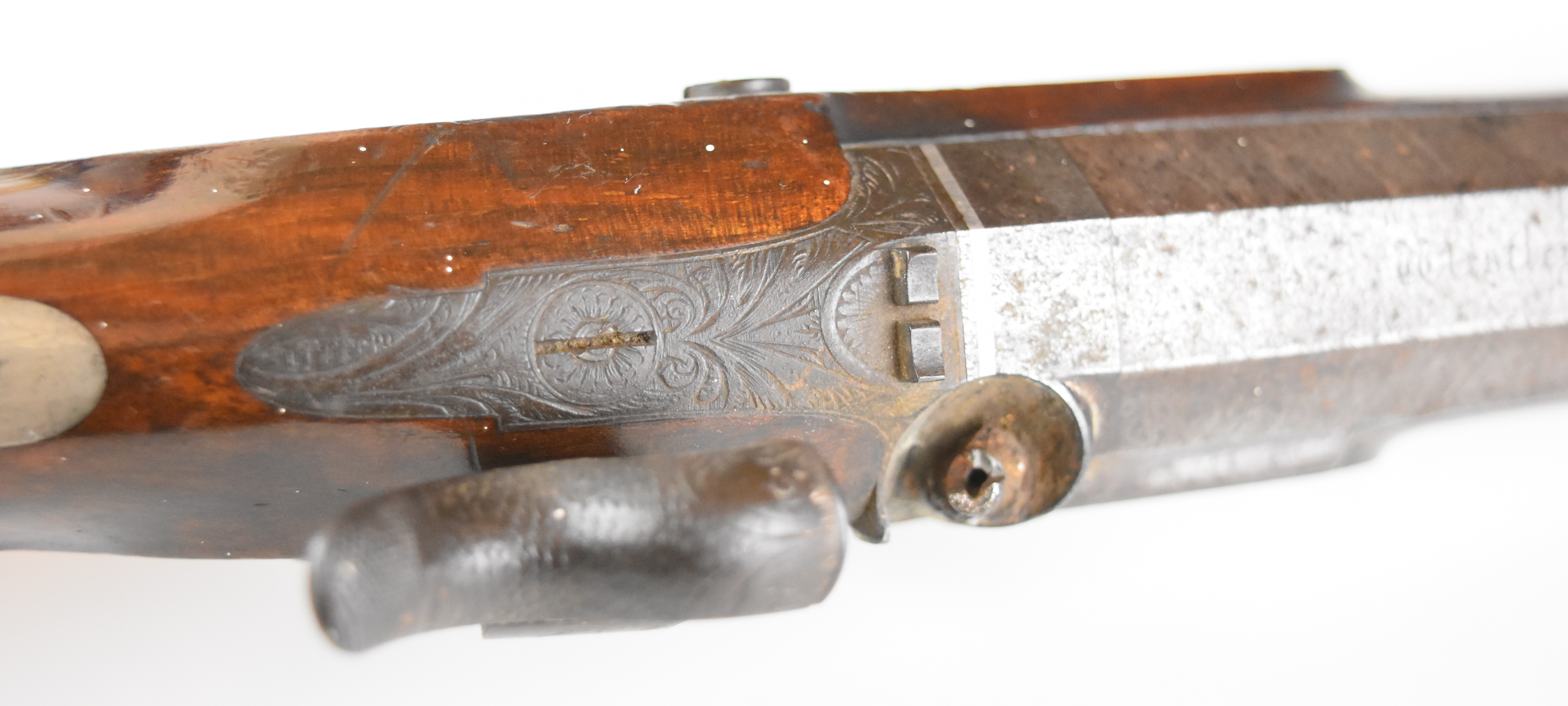 Westley Richards 14 bore percussion hammer action pistol with named and engraved lock, engraved - Image 12 of 28