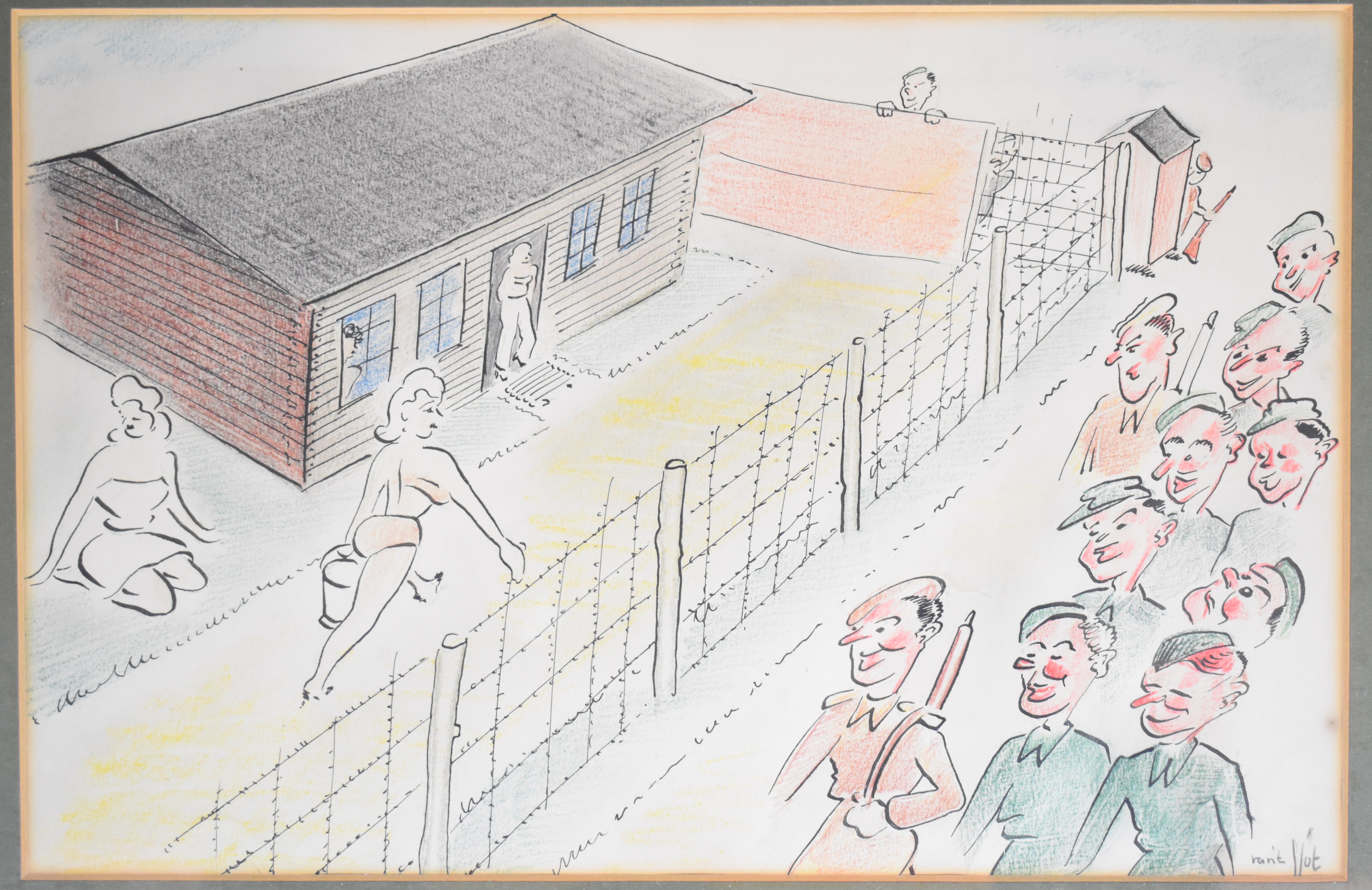 WW2 prisoner of war camp interest pen ink and coloured pencil or similar cartoon depicting a group