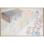 WW2 prisoner of war camp interest pen ink and coloured pencil or similar cartoon depicting a group