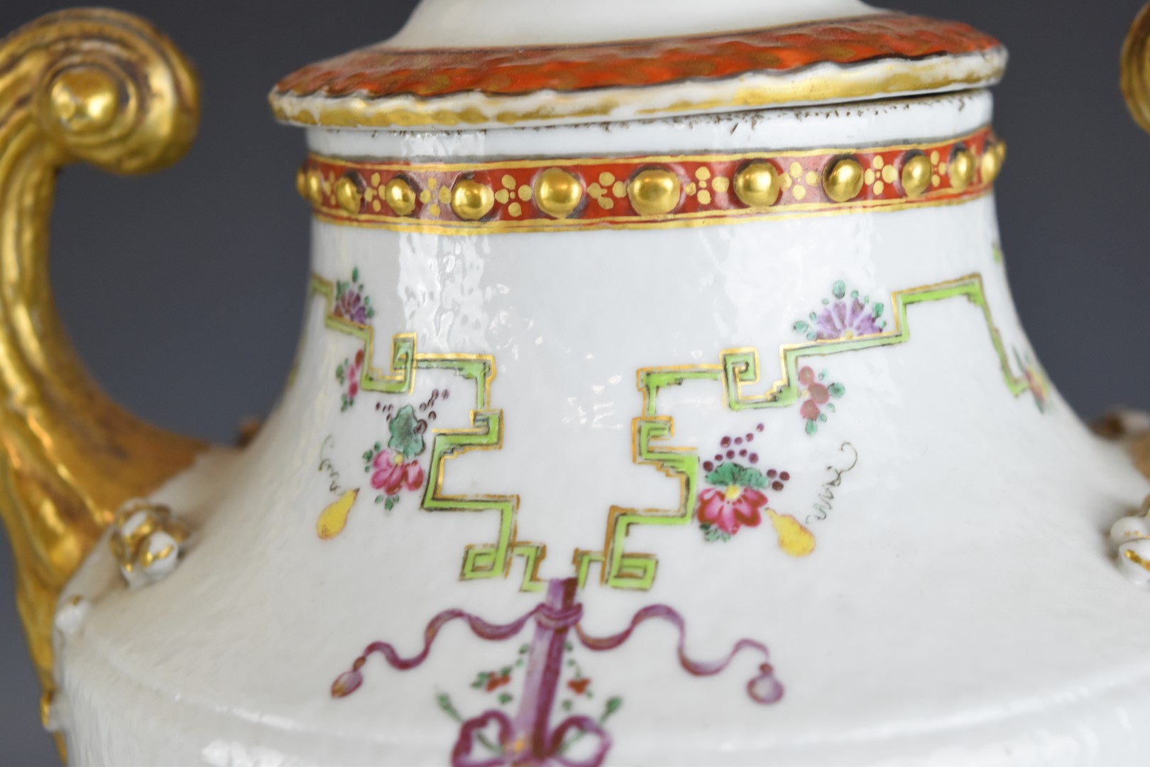 A pair of Chinese covered twin handled pedestal urns with relief moulded swags and landscape - Image 10 of 12