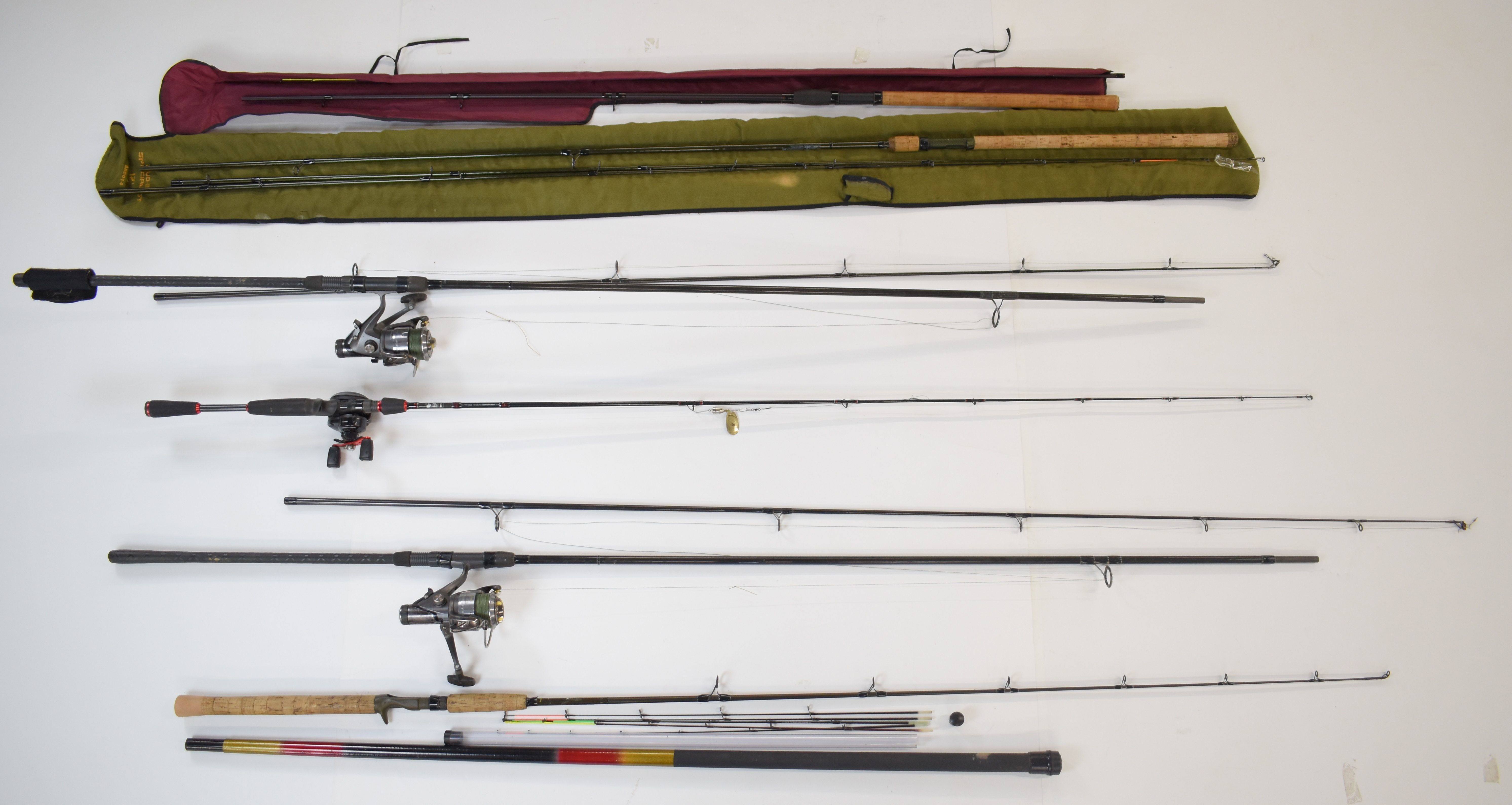 Coarse pike and carp fishing rods and reels including Fox Duo-Lite specialist 12', Drennan mini carp