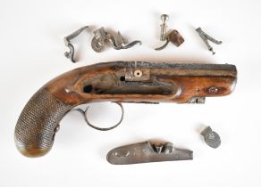 Flintlock coat pistol with some newly cast parts, chequered grip, steel trigger guard and 4 inch