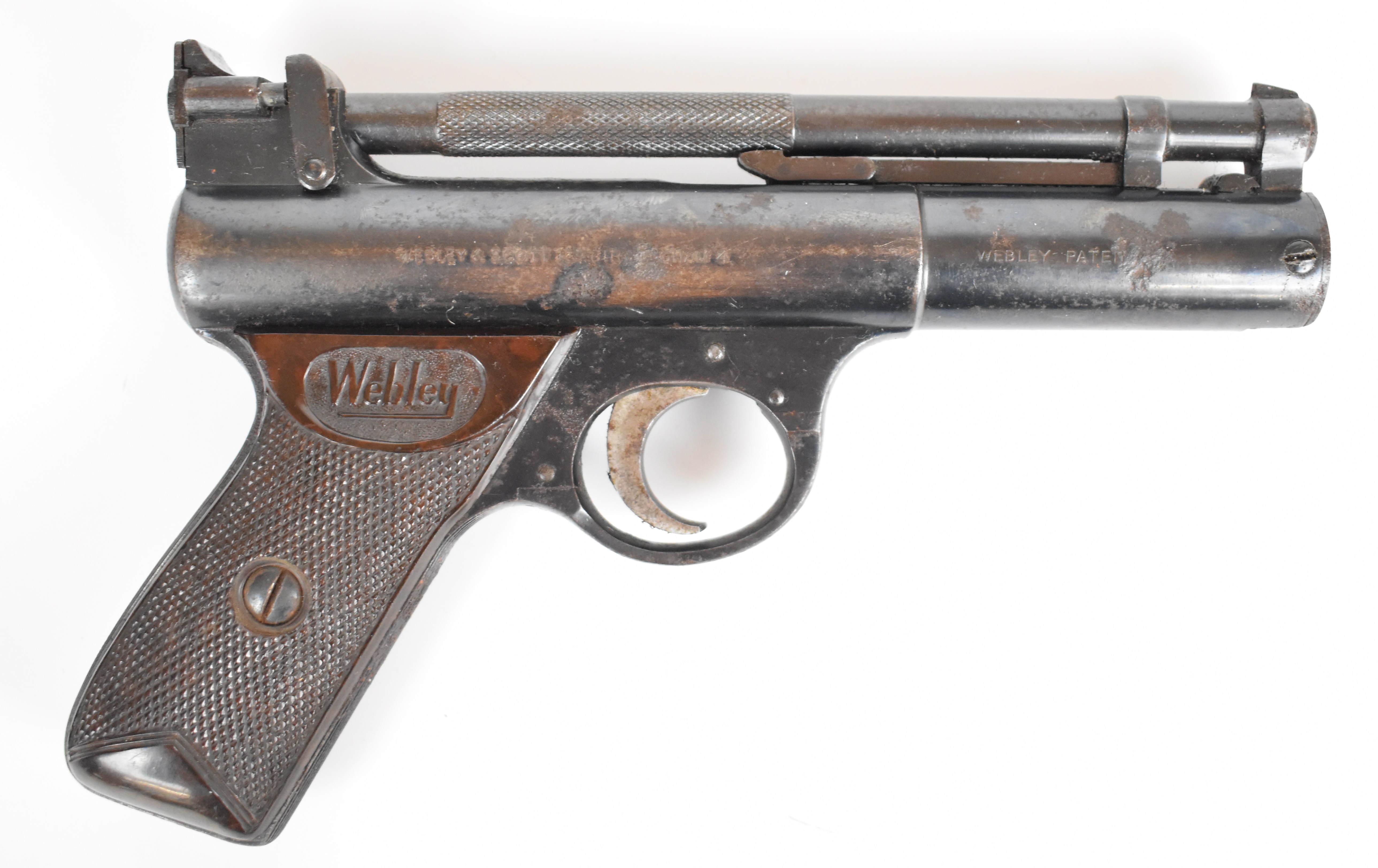 Webley Senior .177 air pistol with named and chequered Bakelite grips and adjustable sights,