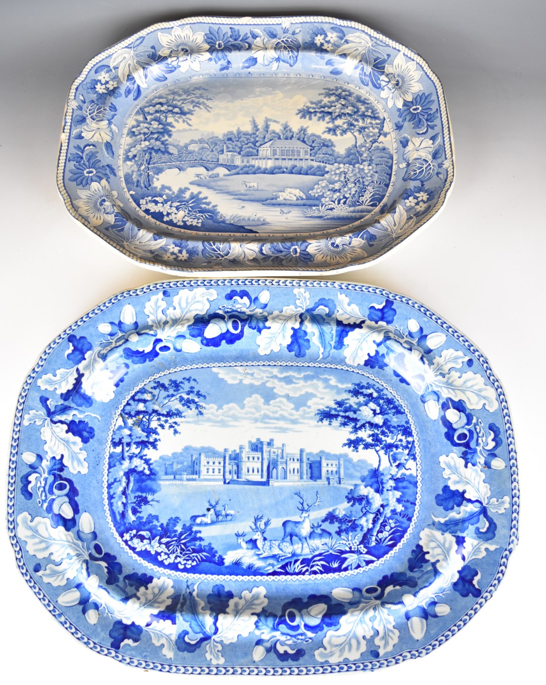 Two large 19thC blue and white transfer printed meat platters comprising Lowther Castle - Image 8 of 14
