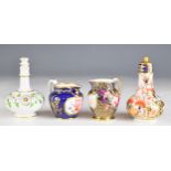 Crown Derby Imari and Davenport covered scent / perfume bottles, Coalport miniature jug with