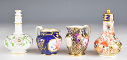 Crown Derby Imari and Davenport covered scent / perfume bottles, Coalport miniature jug with