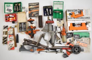 A collection of shotgun and rifle cartridge re-loading tools including Lyman press, RCBS 6.5x54