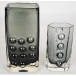 Two Geoffrey Baxter for Whitefriars textured Mobile Phone vases in pewter grey, largest 17cm tall.
