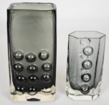 Two Geoffrey Baxter for Whitefriars textured Mobile Phone vases in pewter grey, largest 17cm tall.
