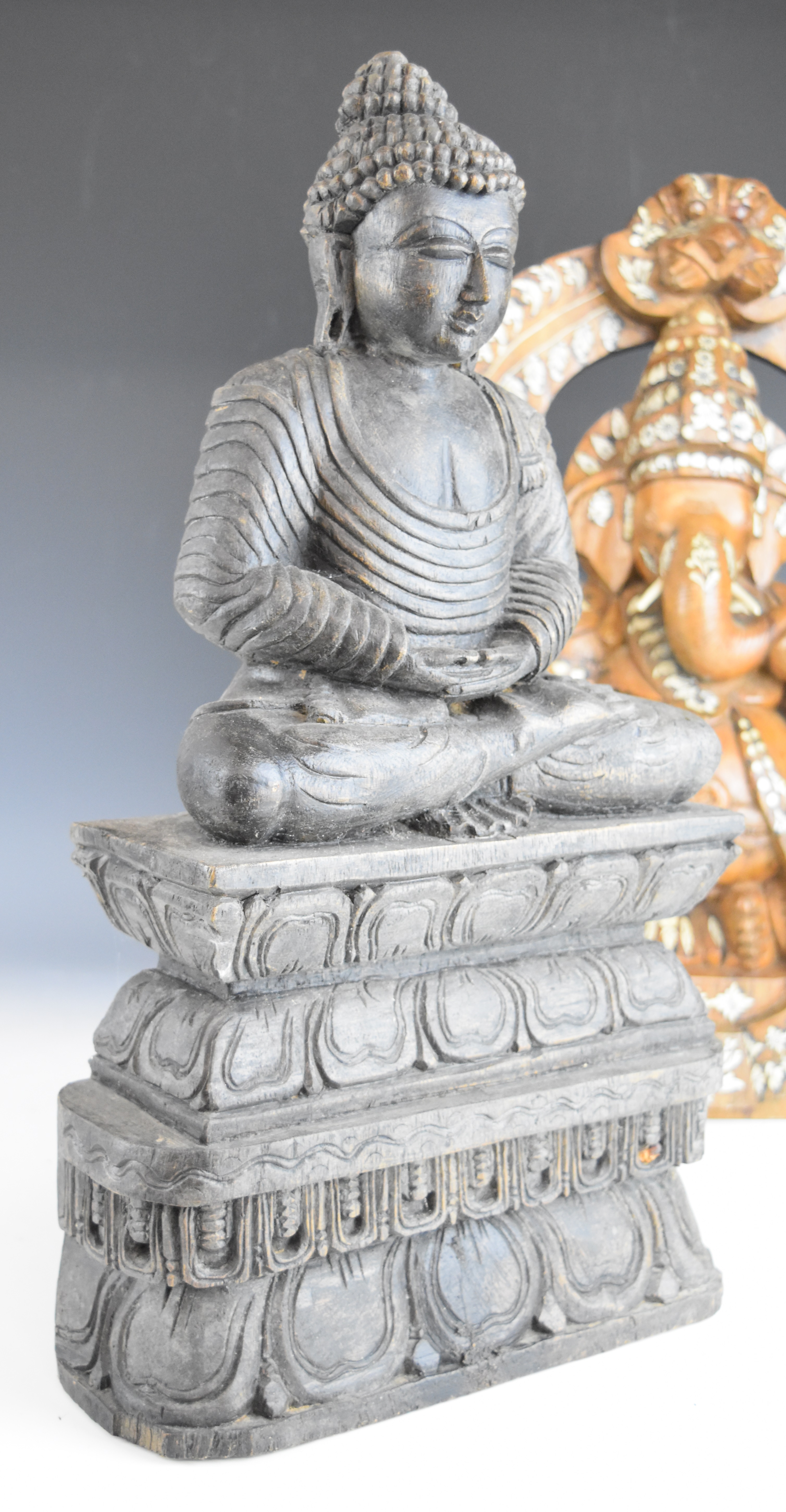 Two Indian carved wooden figures of Ganesh and young Buddha, tallest 46cm - Image 2 of 5