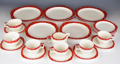 Midwinter Stylecraft tea and dinnerware decorated in the Red Domino pattern, approximately 27