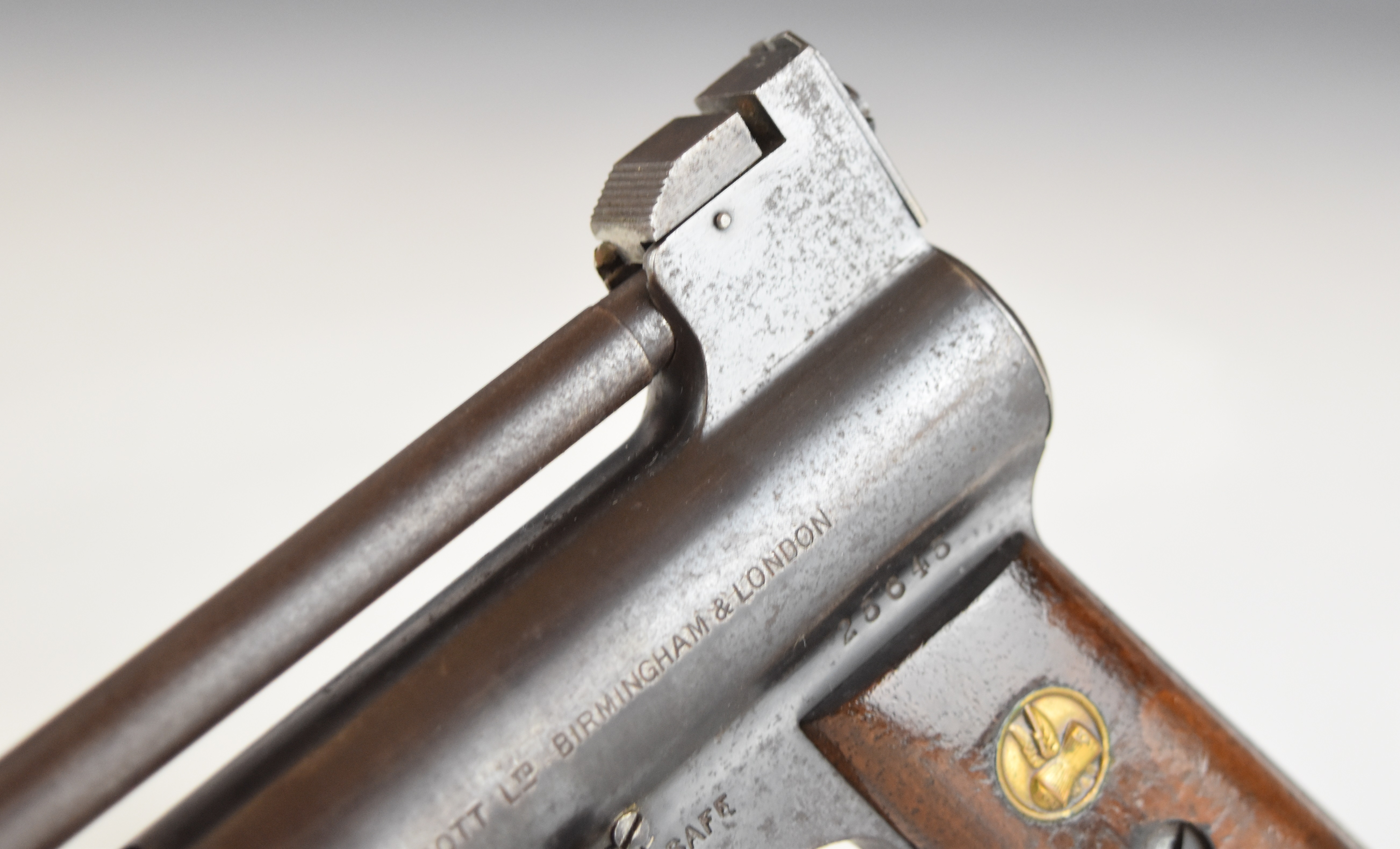 Webley Mark I .177 air pistol with logo inset to the wooden grips and adjustable sights, serial - Image 8 of 13