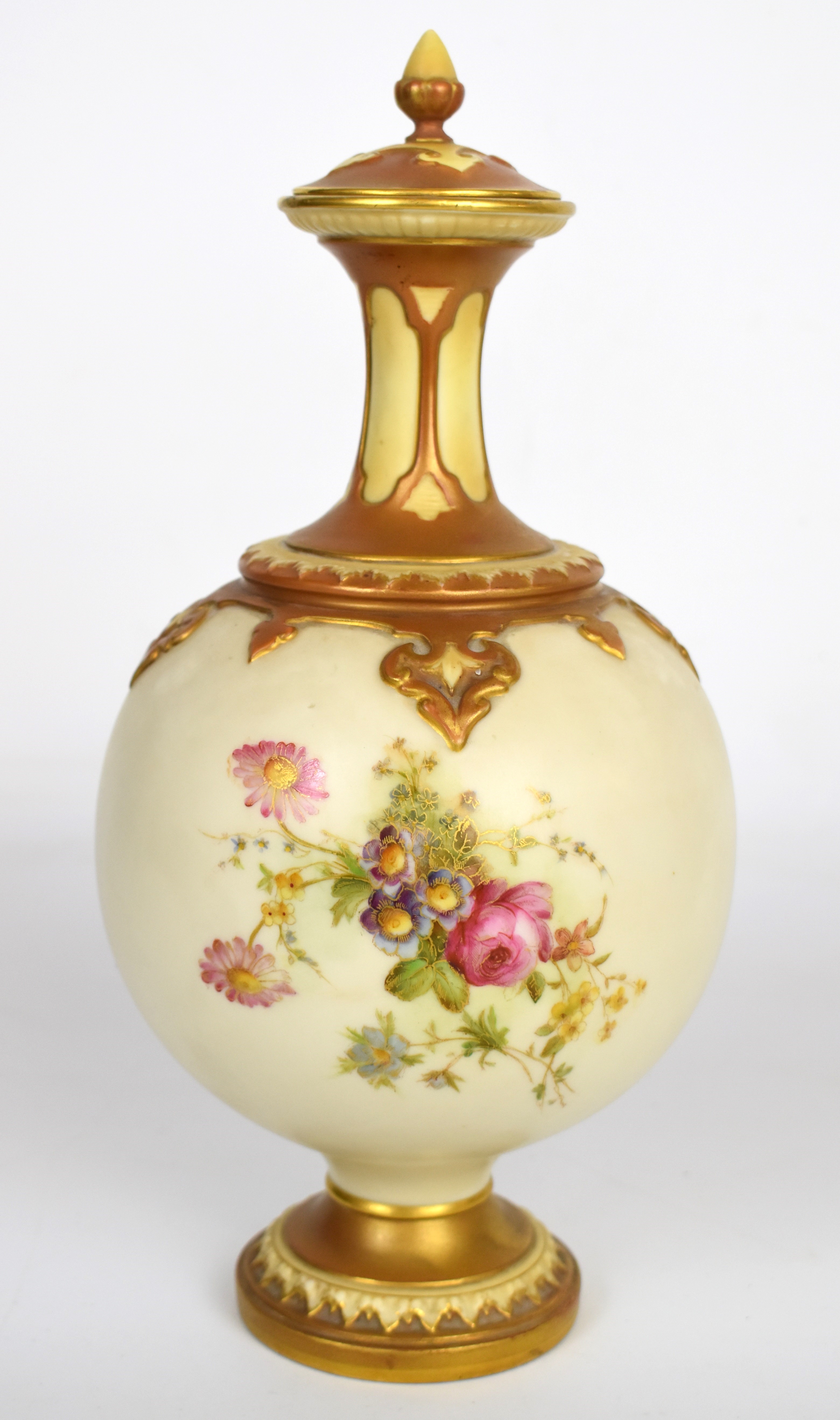 Royal Worcester blush ivory covered pedestal vase with flower decoration, height 30.5cm - Image 7 of 8