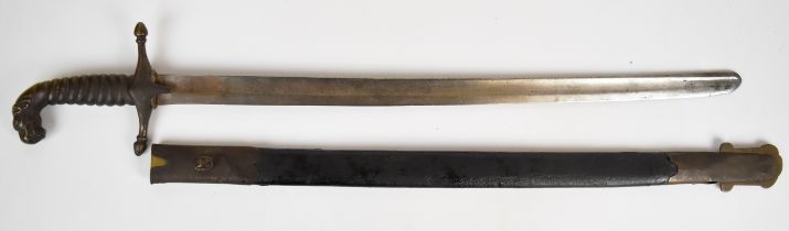 Naval type dirk with lion head pommel, brass grip and crosspiece, 50cm fullered single edged blade