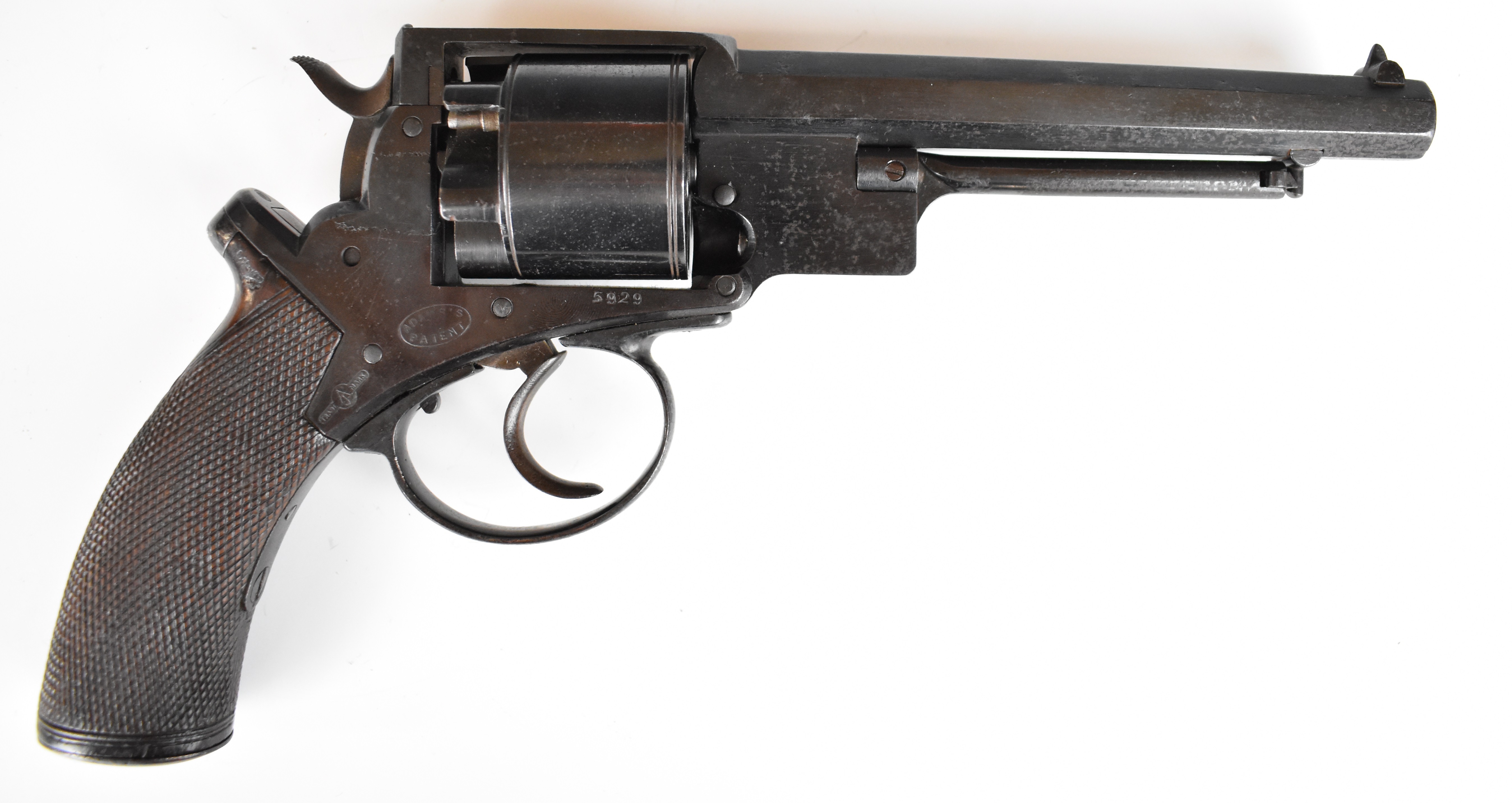 Adam's Patent 50 bore six-shot double-action revolver with chequered grip, line engraved cylinder, - Image 16 of 30