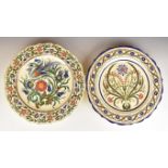 Two 19thC Bohemian Dallwitz chargers with exotic bird / flower decoration, diameter 39cm