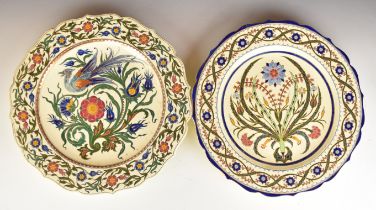 Two 19thC Bohemian Dallwitz chargers with exotic bird / flower decoration, diameter 39cm