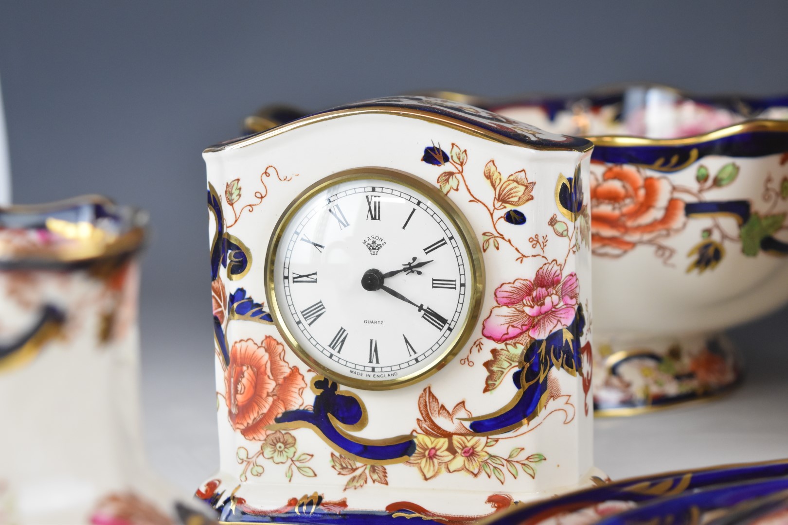 Masons decorative ceramics comprising longcase / grandfather clock, smaller clock, coffee pot, - Image 3 of 7