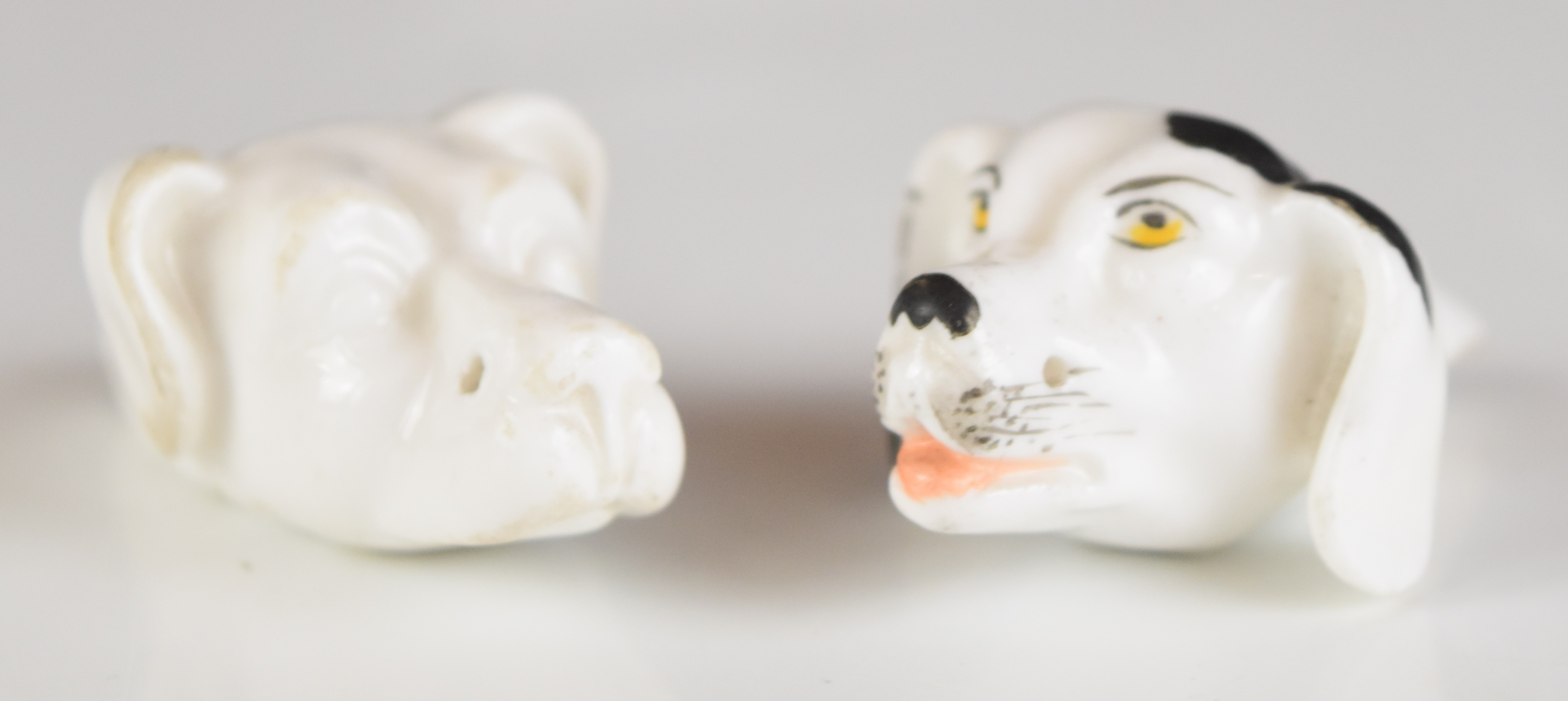 Two 19thC porcelain Worcester / Derby dog whistles, longest 5cm - Image 4 of 6