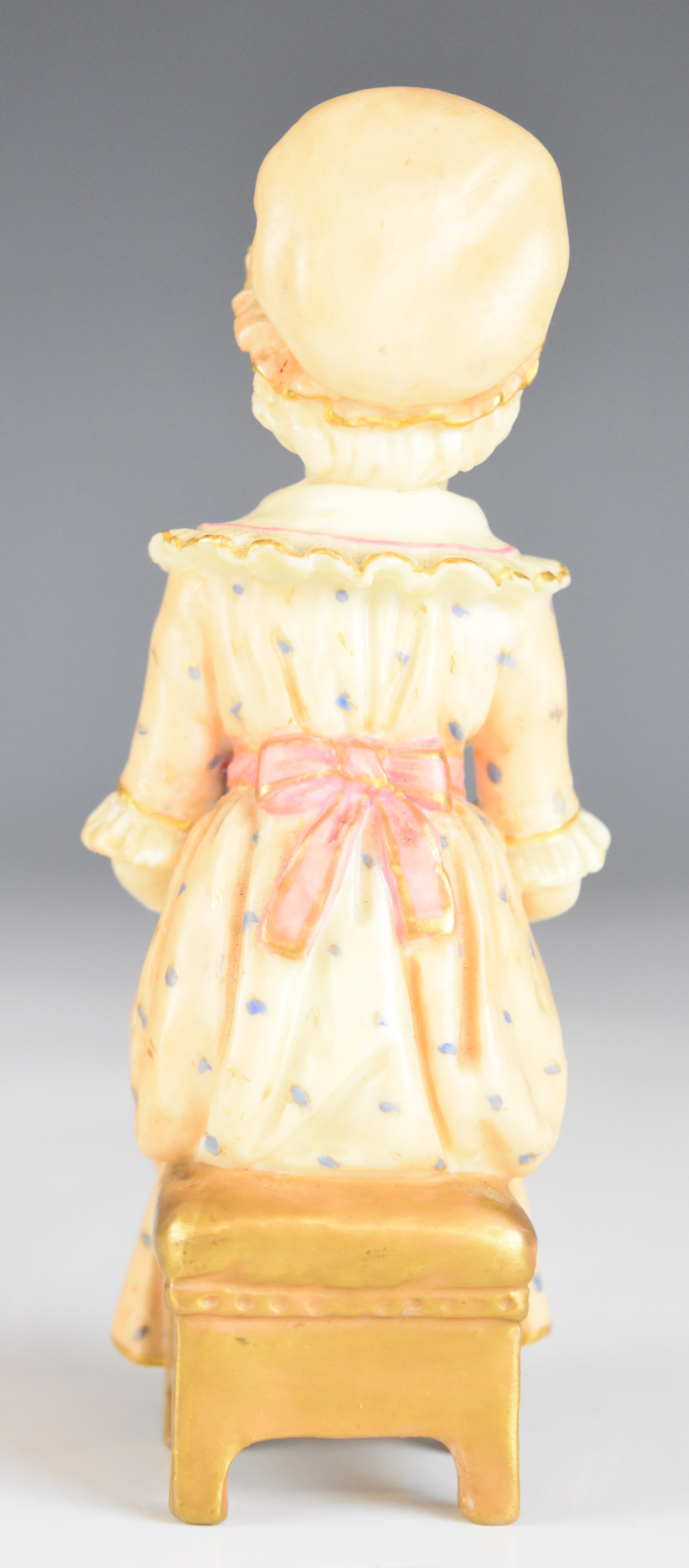 Royal Worcester Kate Greenaway style seated figurine, with puce backstamp, height 10.5cm - Image 7 of 8