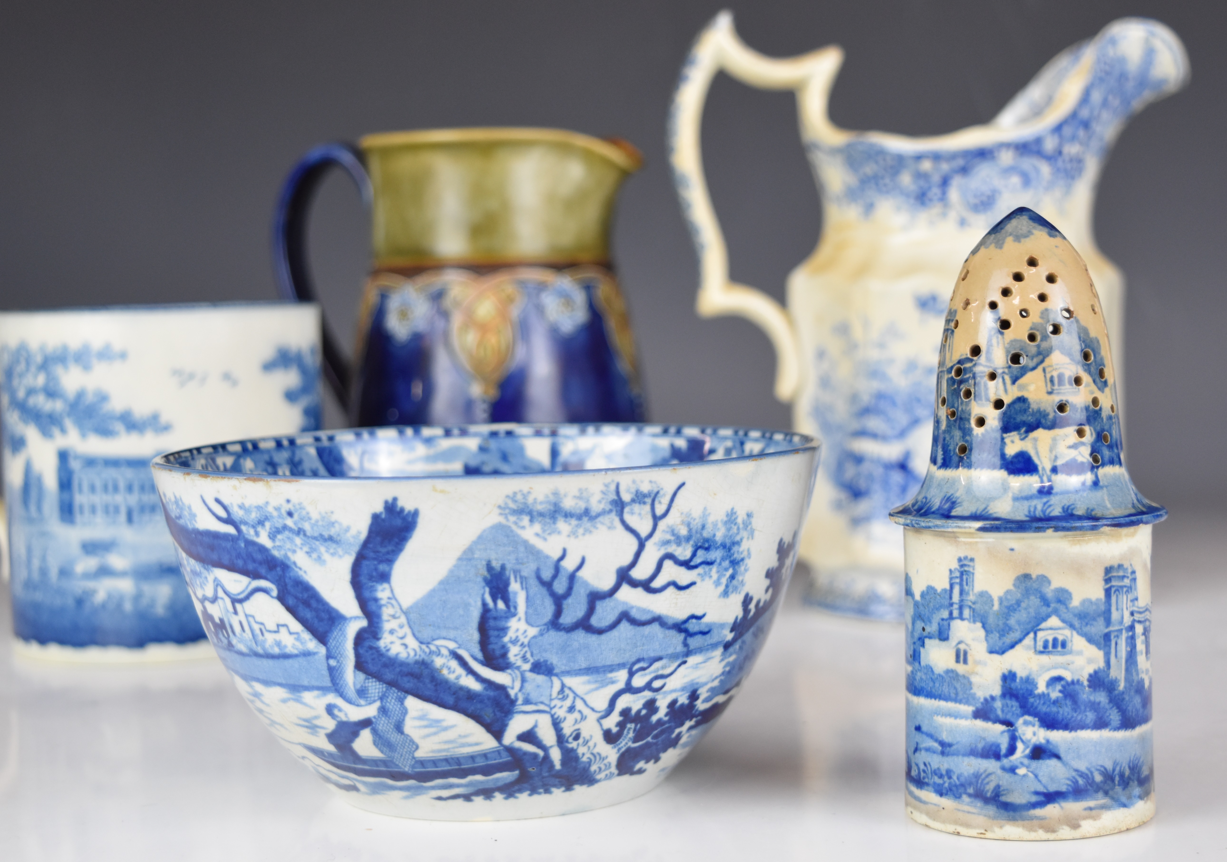 19thC blue and white transfer printed ware including a sifter, large tankard, jug with sporting - Image 4 of 8