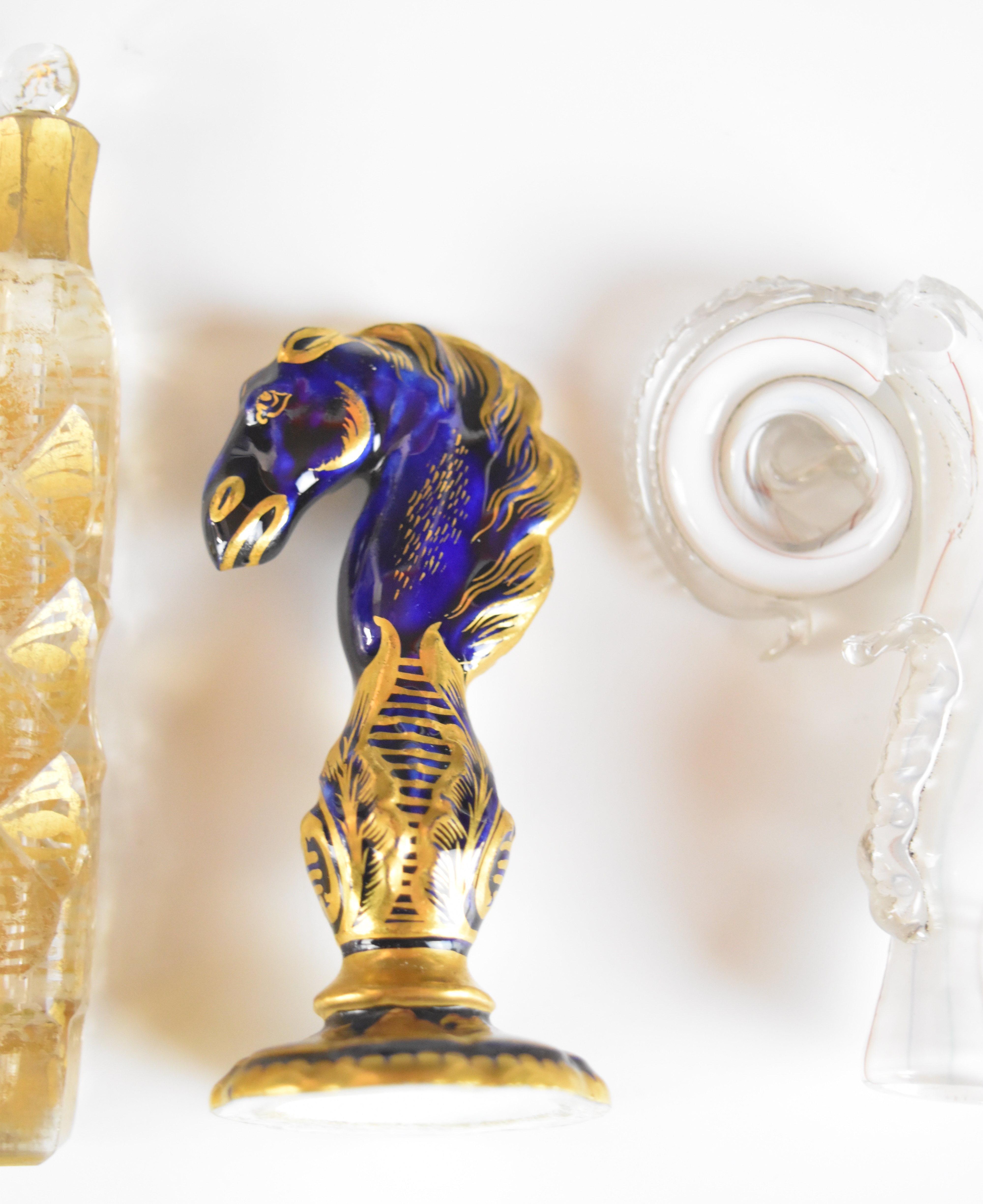 Four 19thC gilded, enamelled and jewelled glass scent / perfume bottles with stoppers, striped glass - Image 8 of 10