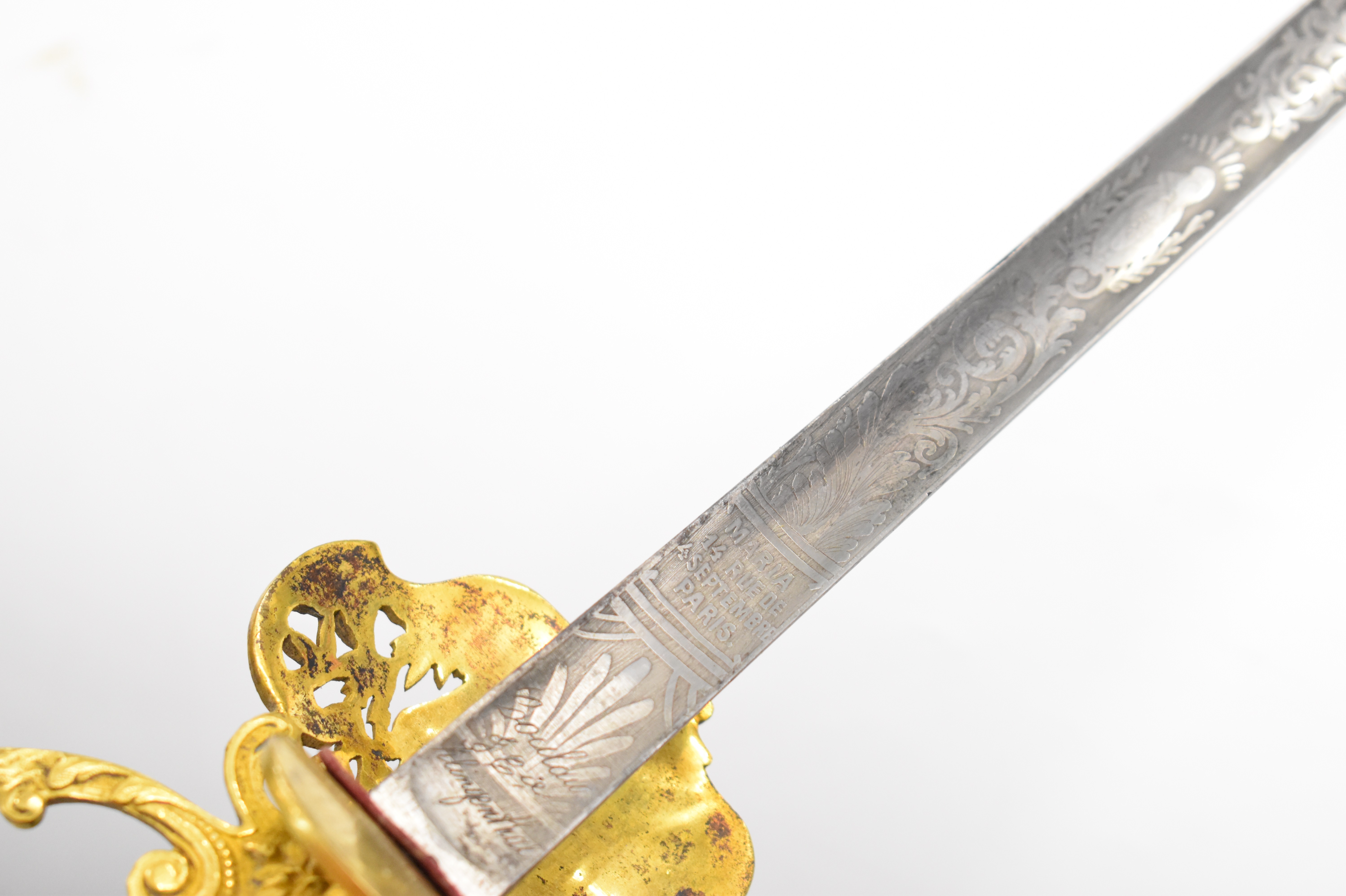 French made court sword retailed by Maria 14 Rue de Septembre Paris with gilt decorated hilt and - Image 9 of 11