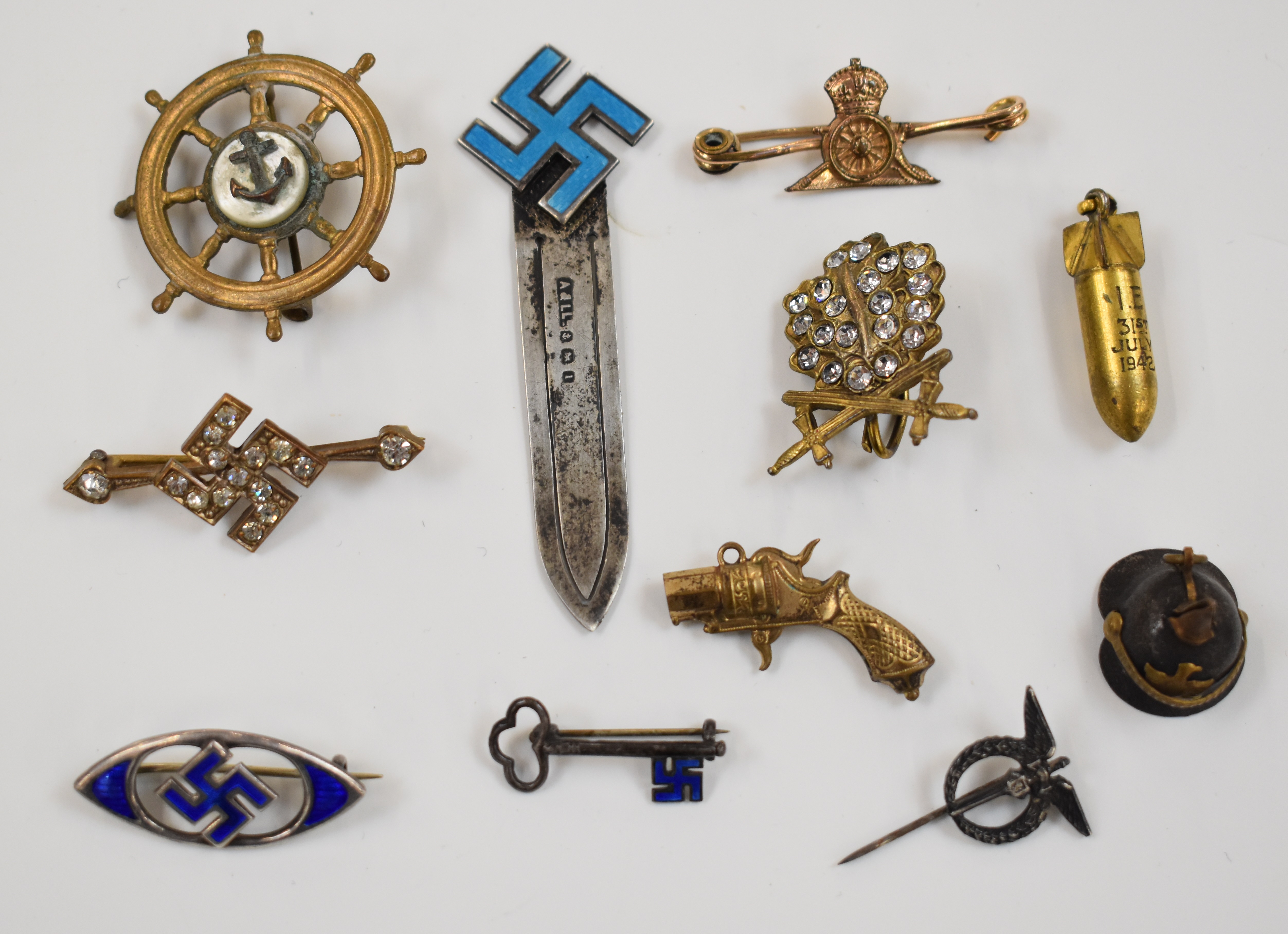 Eleven sweetheart brooches / charms including silver and enamel with swastika motif, pickelhaube - Image 3 of 4