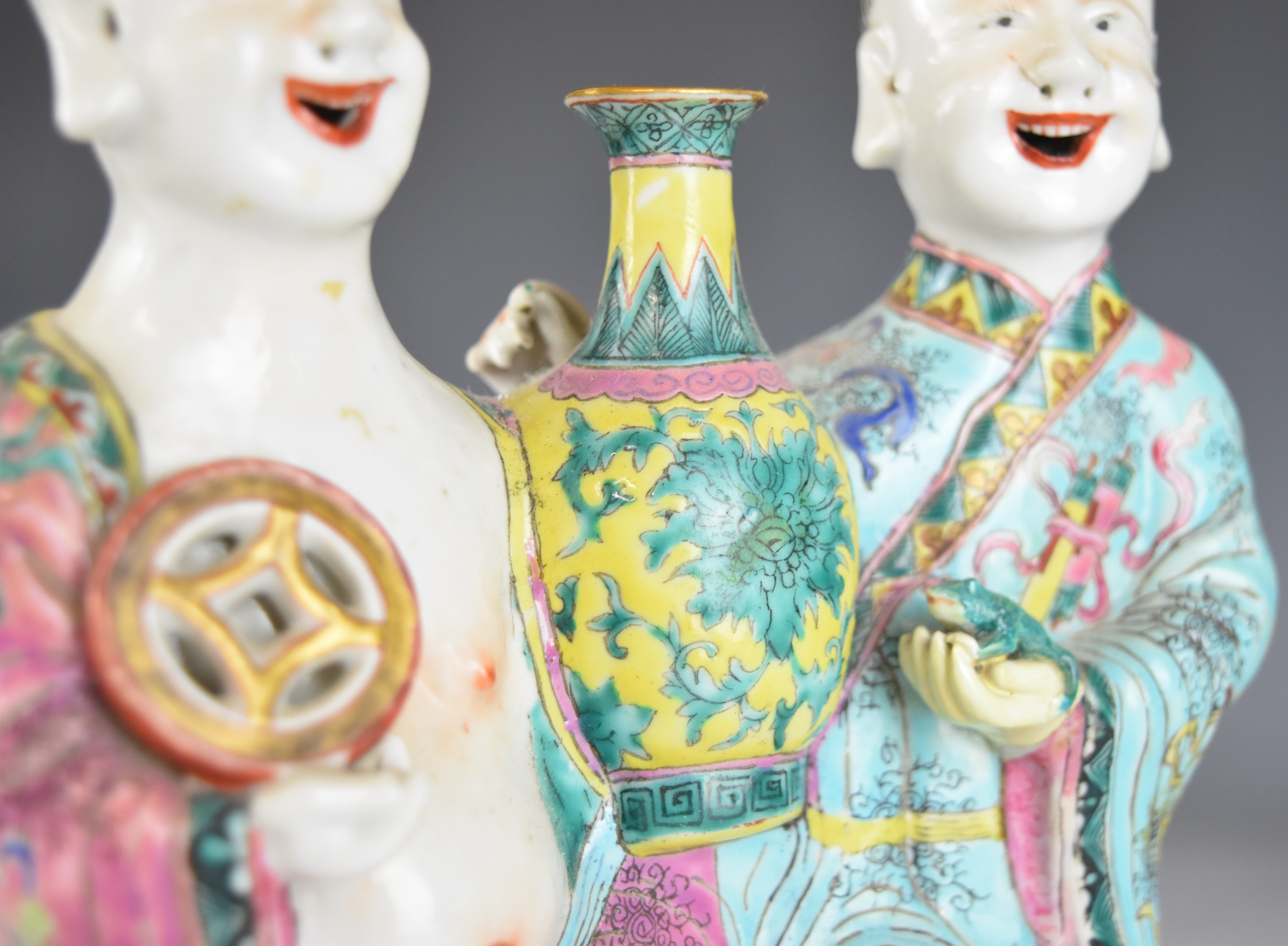 Chinese figural group holding a toad and a bi-disc, either side of an imperial style vase, height - Image 3 of 12