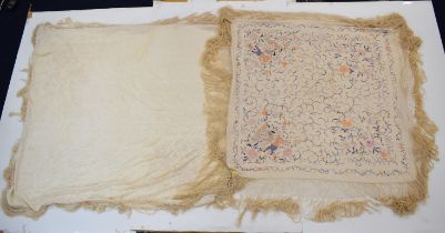 Two 19th/20thC piano shawls including a Chinese example with embroidered figural decoration, 175 x