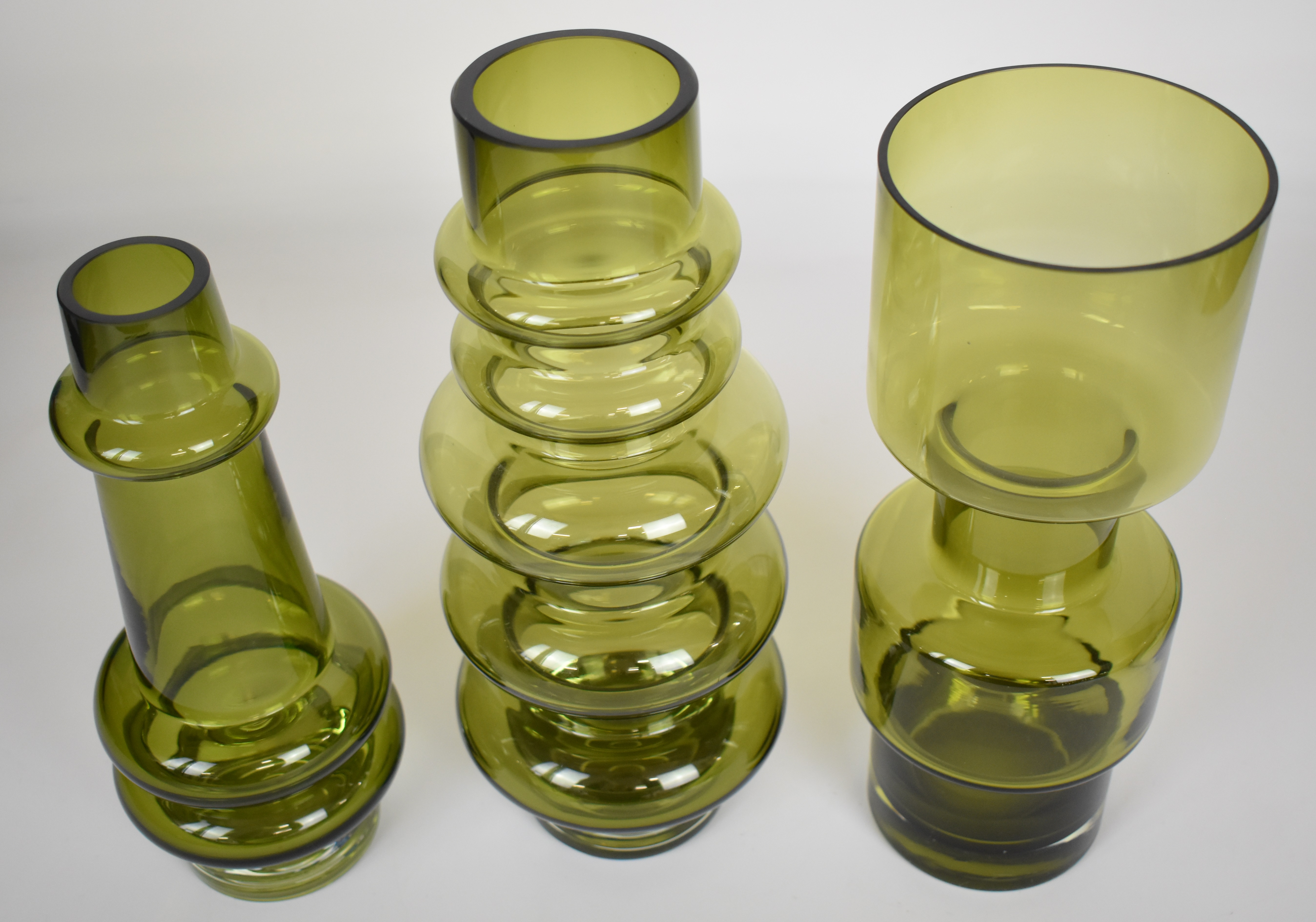 Three Tamara Aladin for Riihimaen Lasi Riihimaki glass vases in sage green, largest 30cm tall. - Image 2 of 2