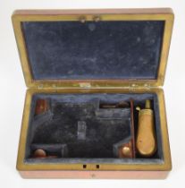 Burr walnut brass bound gun case to suit a pair of pocket pistols, with fitted interior, powder