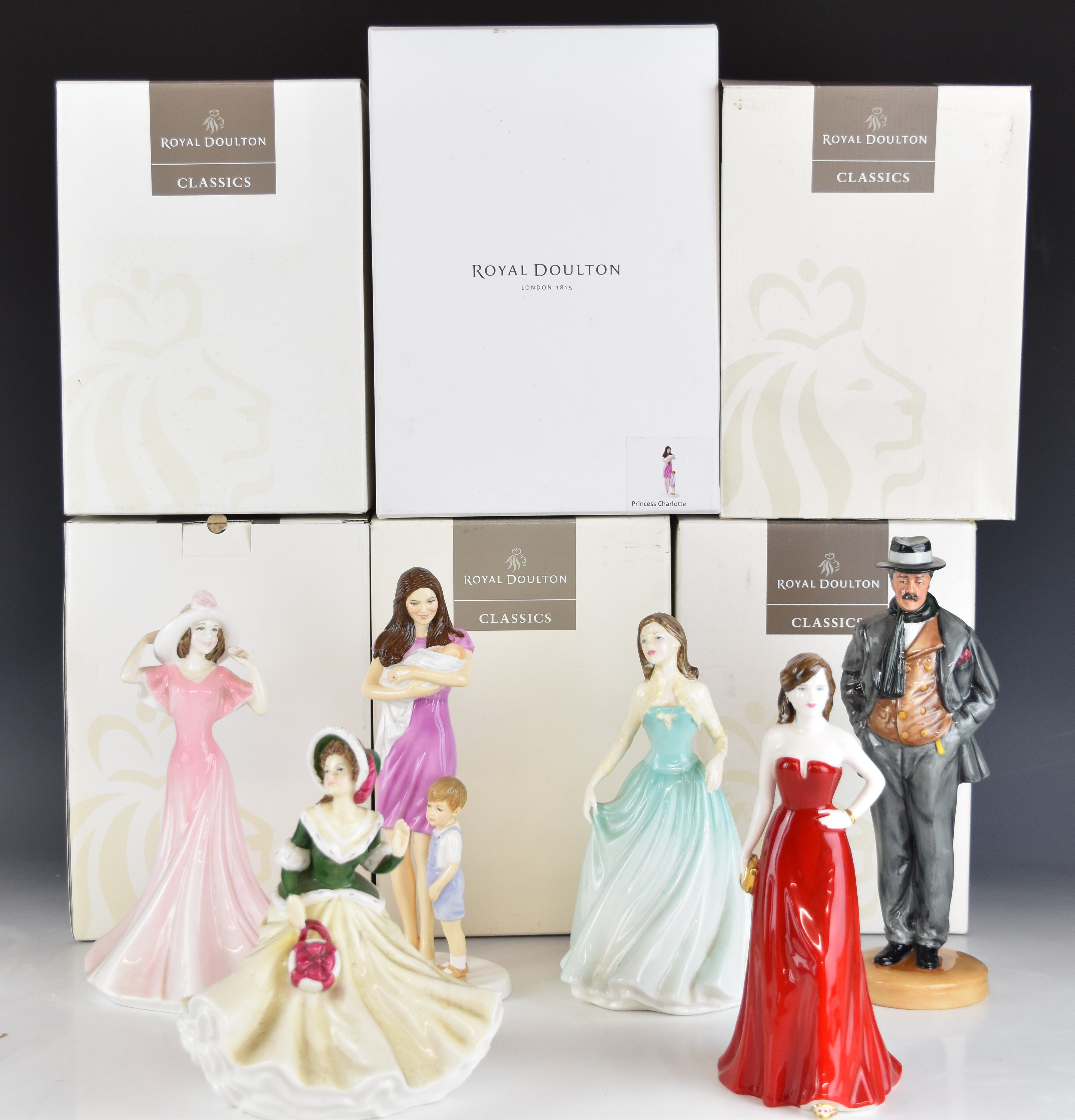 Six Royal Doulton figures including Arnold Bennett, Princess Charlotte, Brittany, Faye etc, all