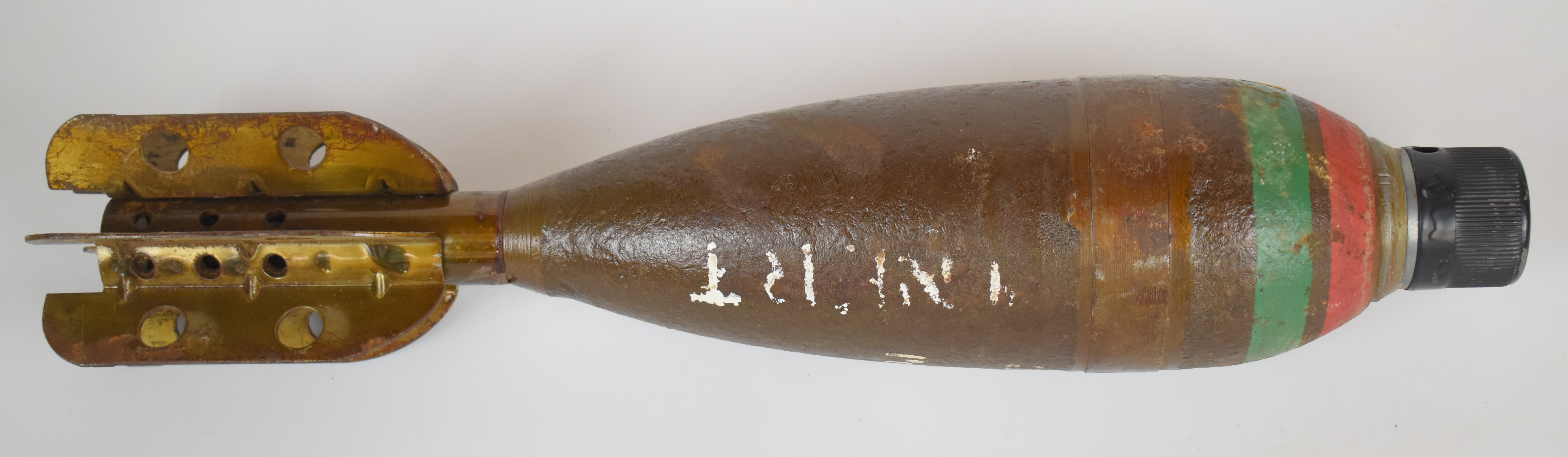 British WW2 3 inch inert mortar round dated 11/43 with fuse and cap - Image 2 of 2