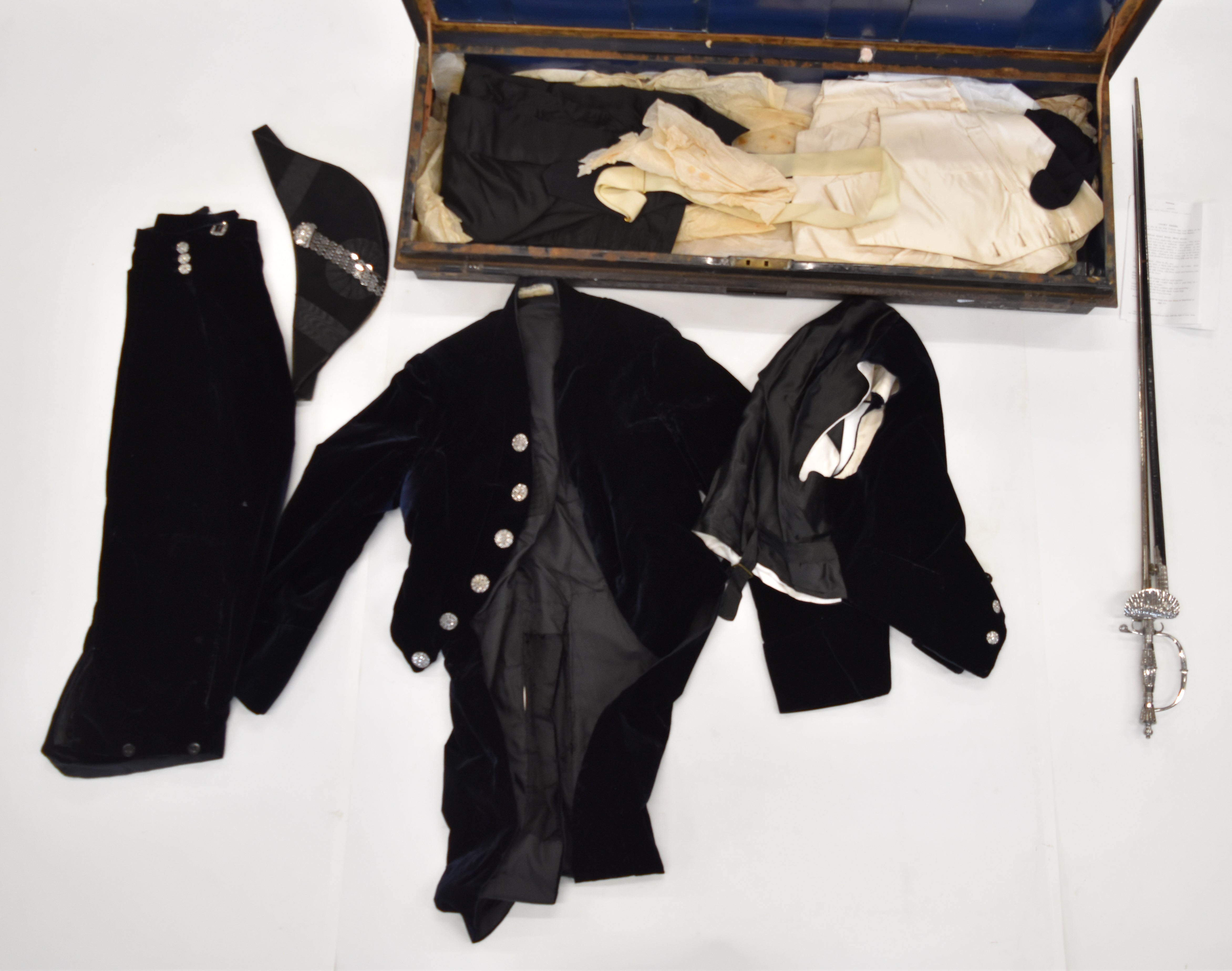 Early 20thC High Sheriff's uniform comprising black velvet coat, velvet breeches and waistcoat, - Image 2 of 20