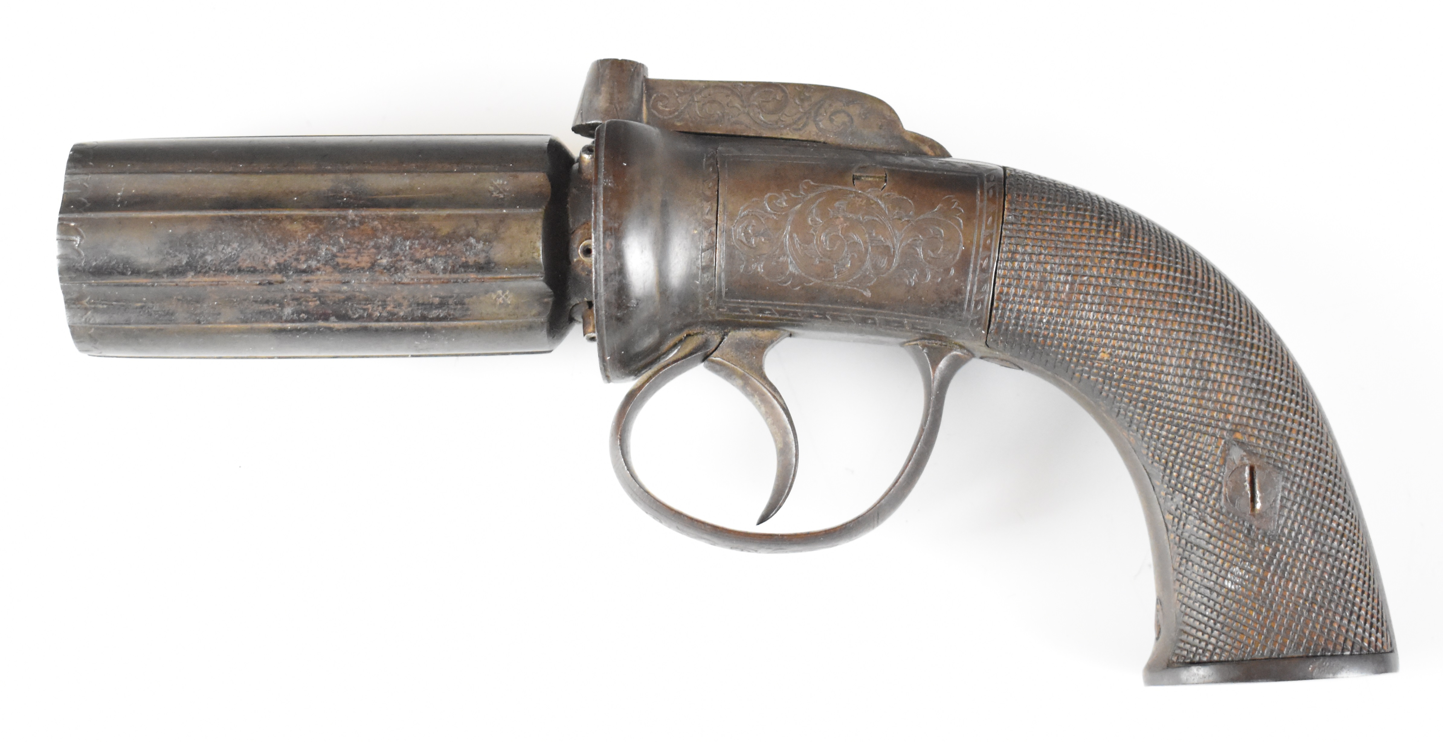 Unnamed six-shot bar hammer action percussion pepperbox revolver or pistol with engraved lock, top - Image 4 of 15