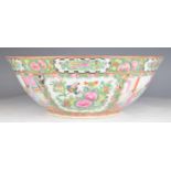 19thC Chinese famille rose pedestal punch bowl decorated with cartouches of court scenes, flora