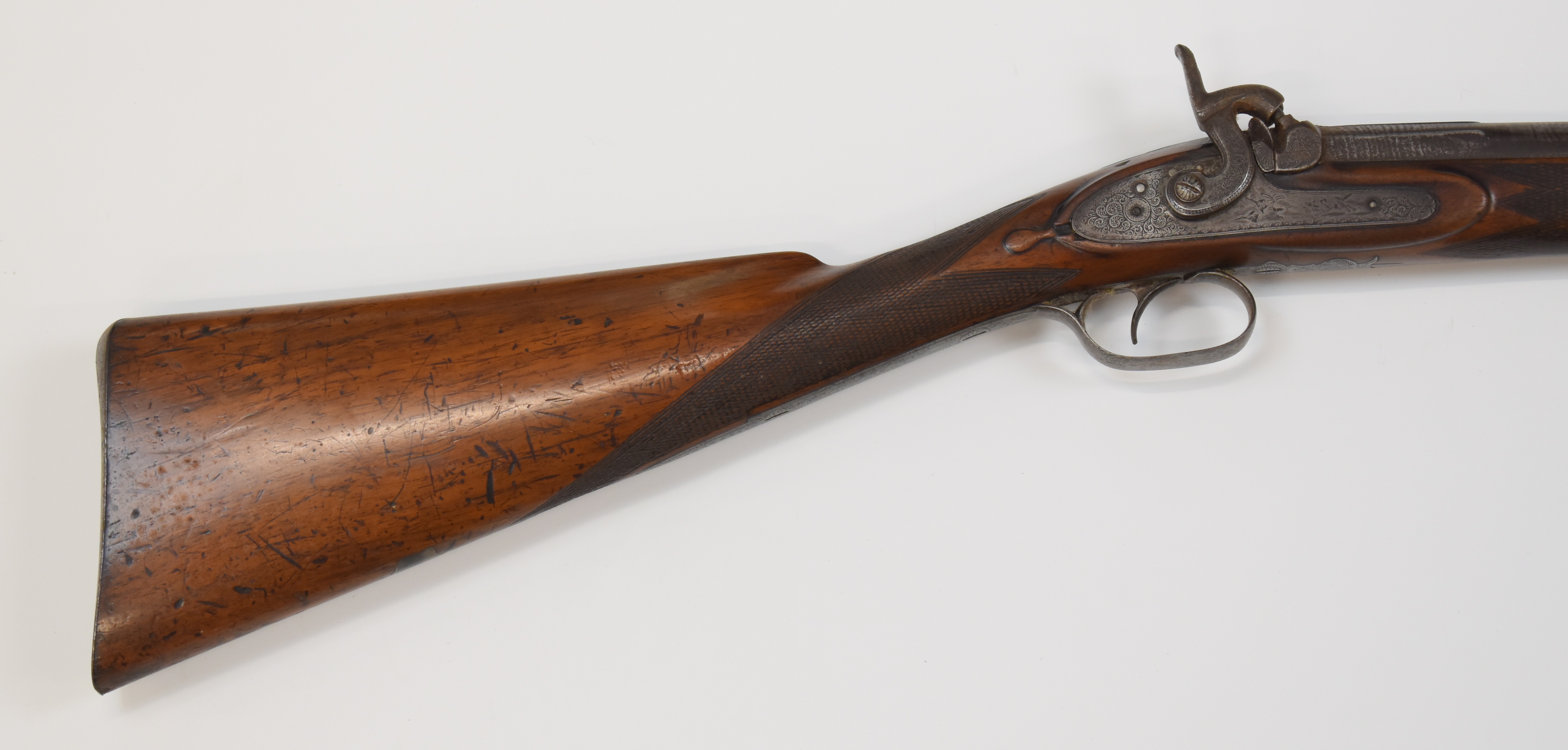 Indistinctly named 12 bore percussion hammer action muzzle loading sporting gun with engraved scenes - Image 3 of 10