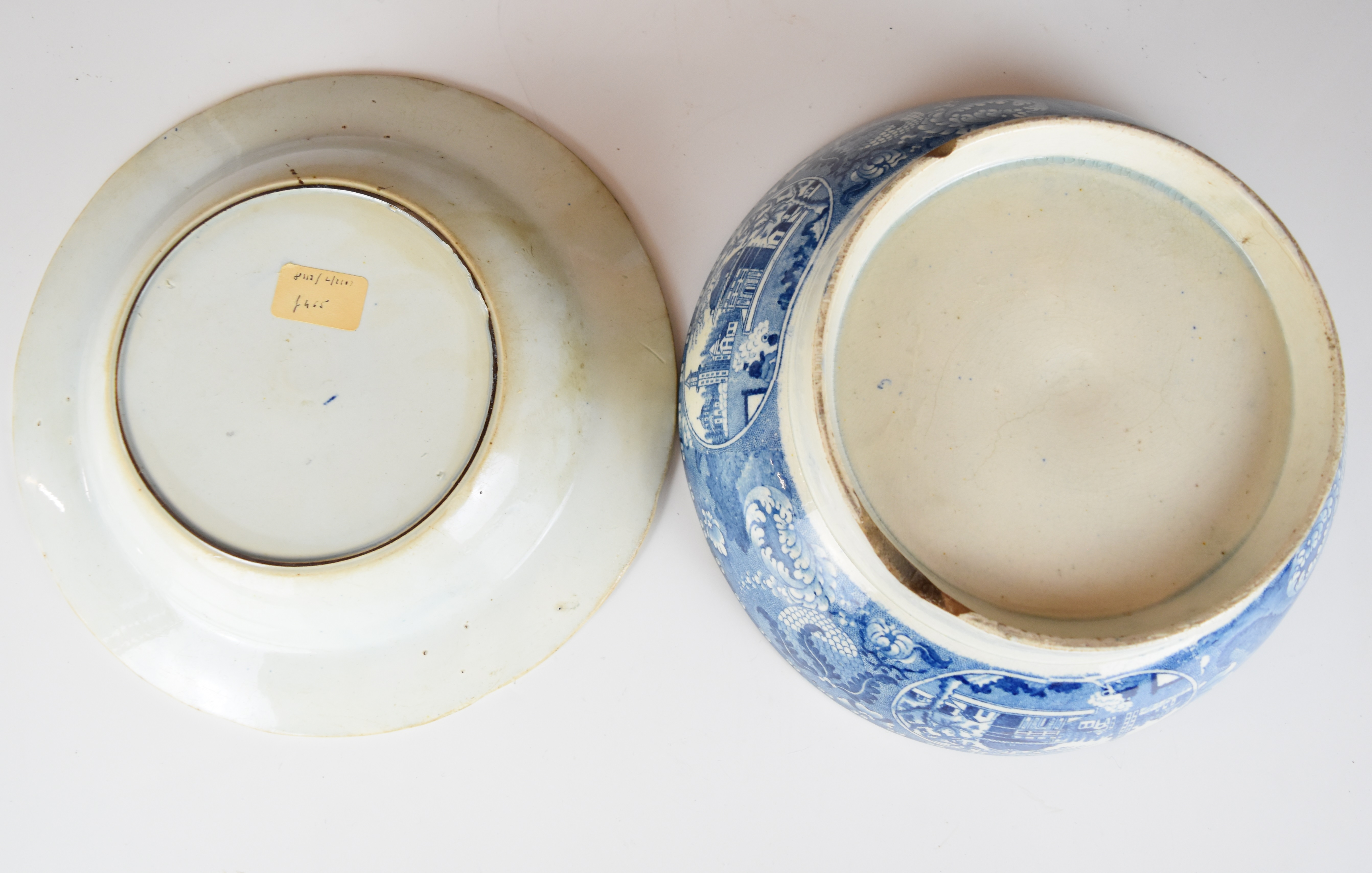 19thC blue and white pedestal bowl and dish entitled 'Bohemian Chatterer' and The Robert Bruce, - Image 12 of 12