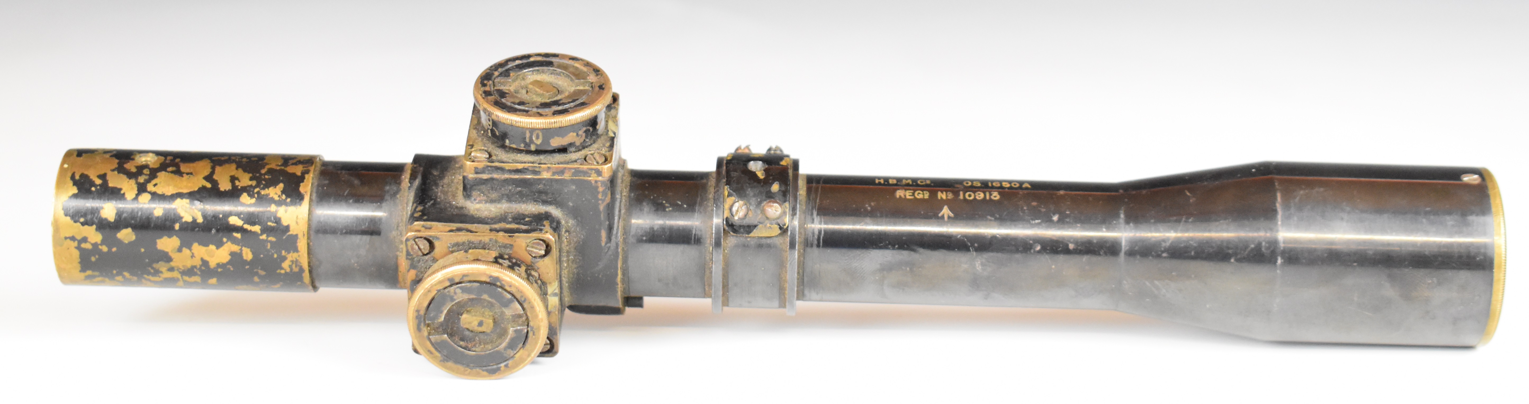 WWII No. 32 Mk II Lee-Enfield adjustable sniper rifle scope stamped 'Tel Stg No 32 MK.II HBMCo OS