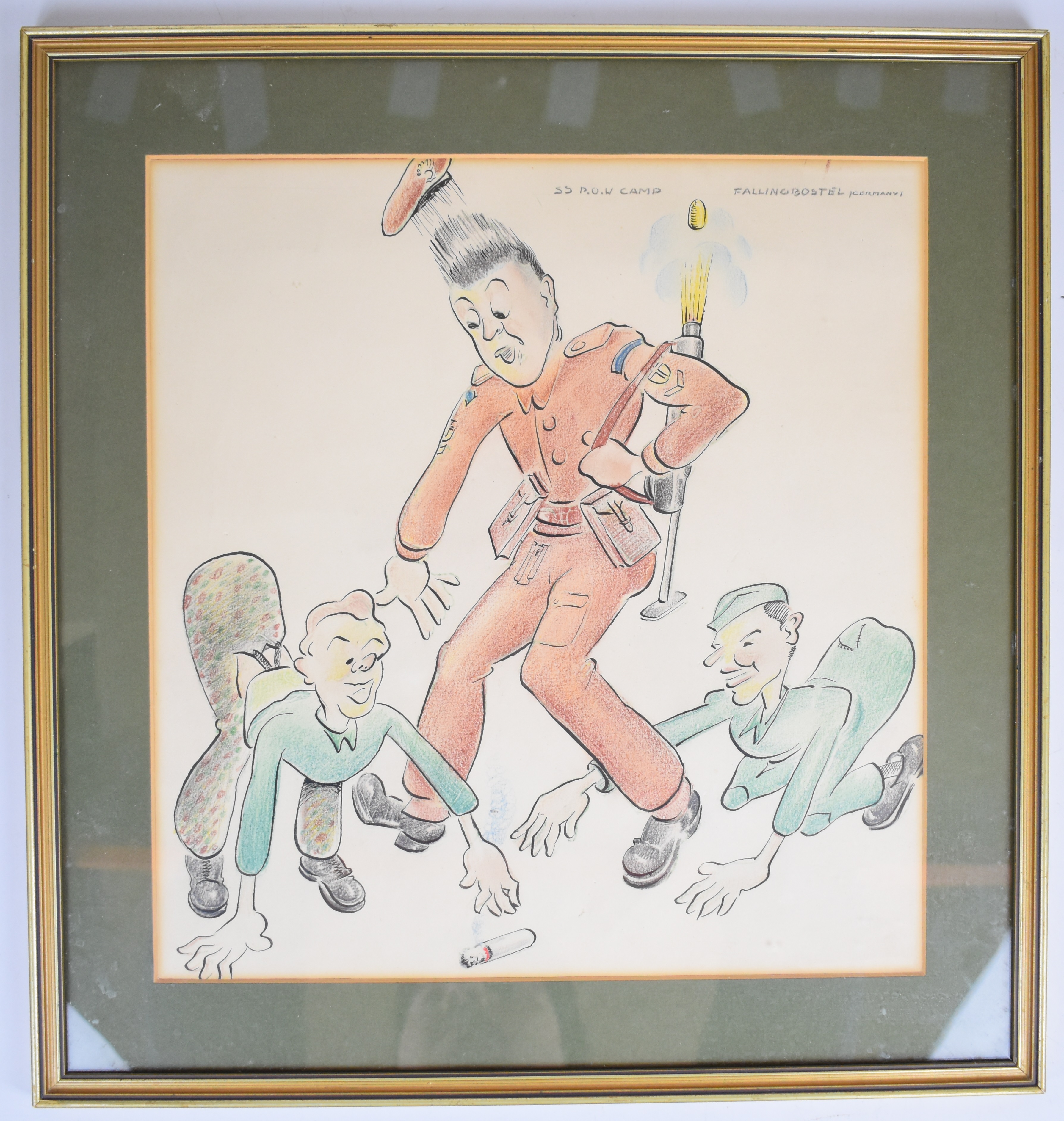WW2 prisoner of war camp interest humorous pen ink and coloured pencil or similar cartoon, depicting - Image 3 of 4
