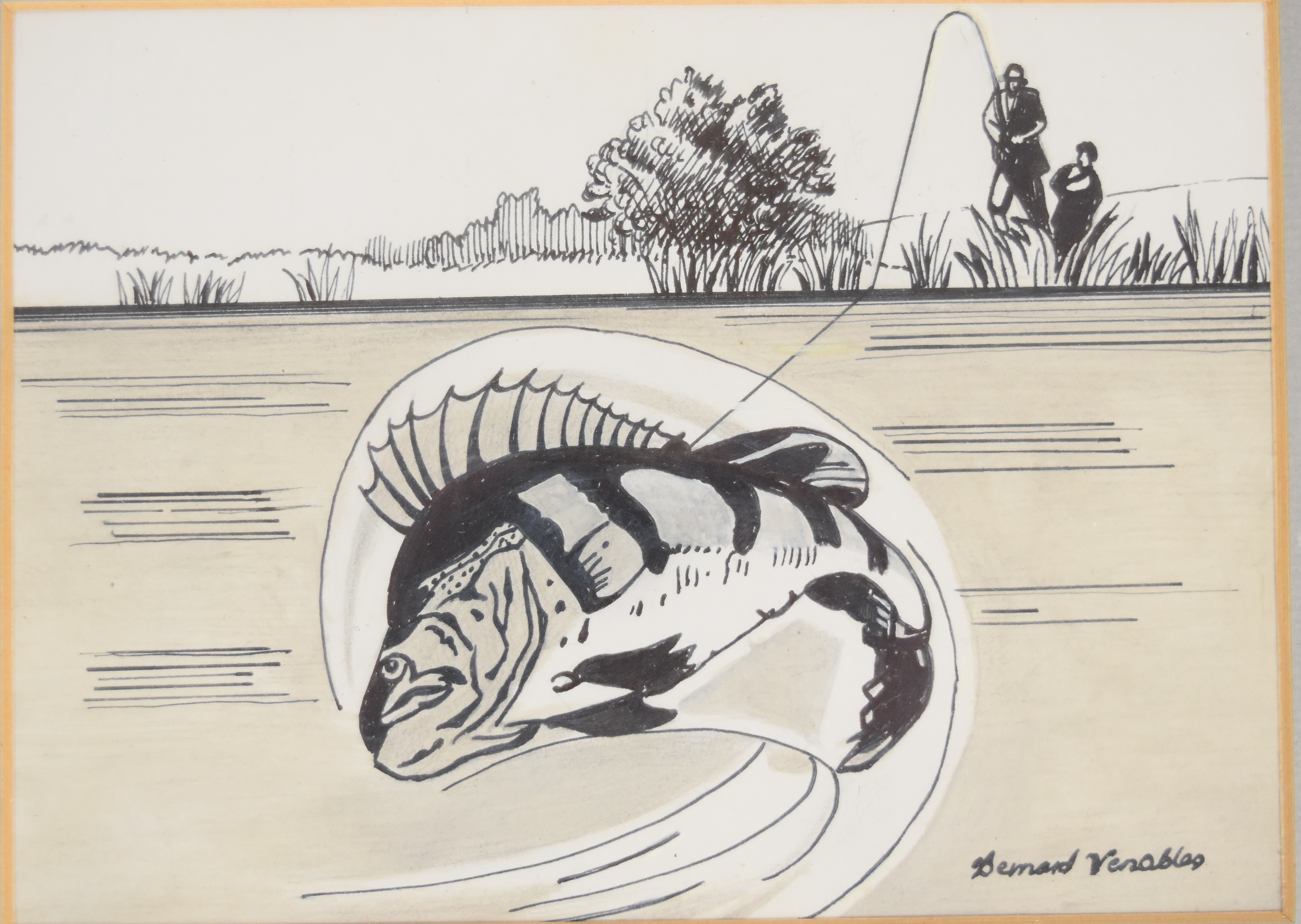 Bernard Venables (1907-2001) two pen and ink studies of fish, one with landing net the other with - Image 3 of 4