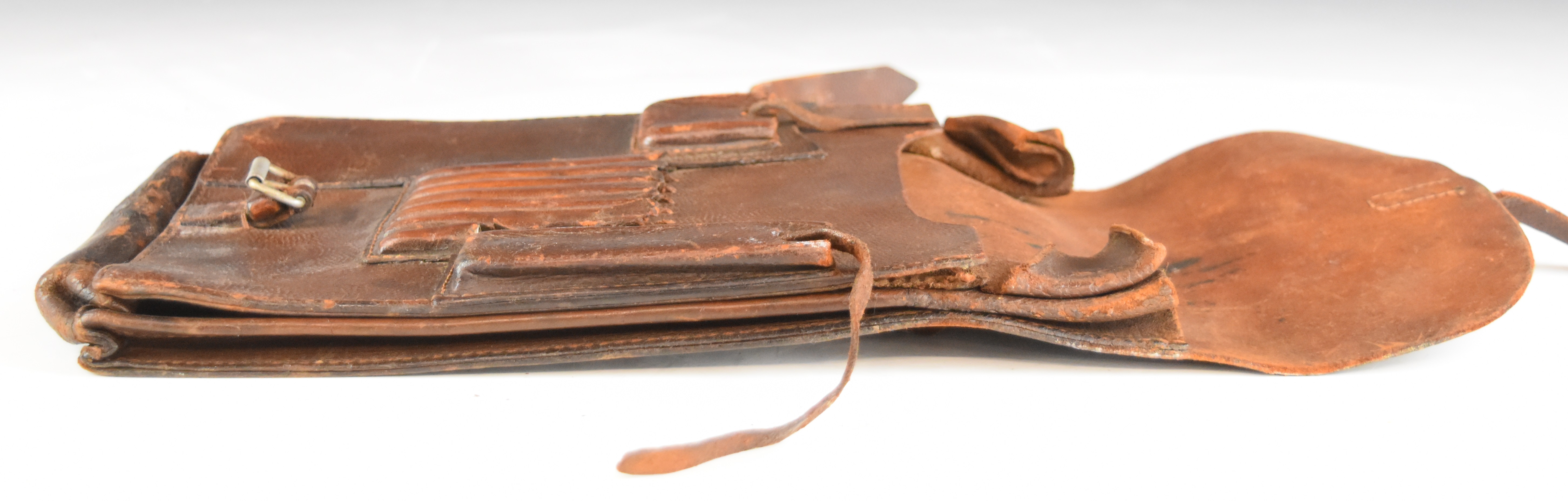 German WW2 brown leather map case with two section inner, leather securing straps and alloy buckles - Image 3 of 4
